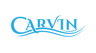 Le logo Carvin est bleu et blanc avec une vague au milieu.
