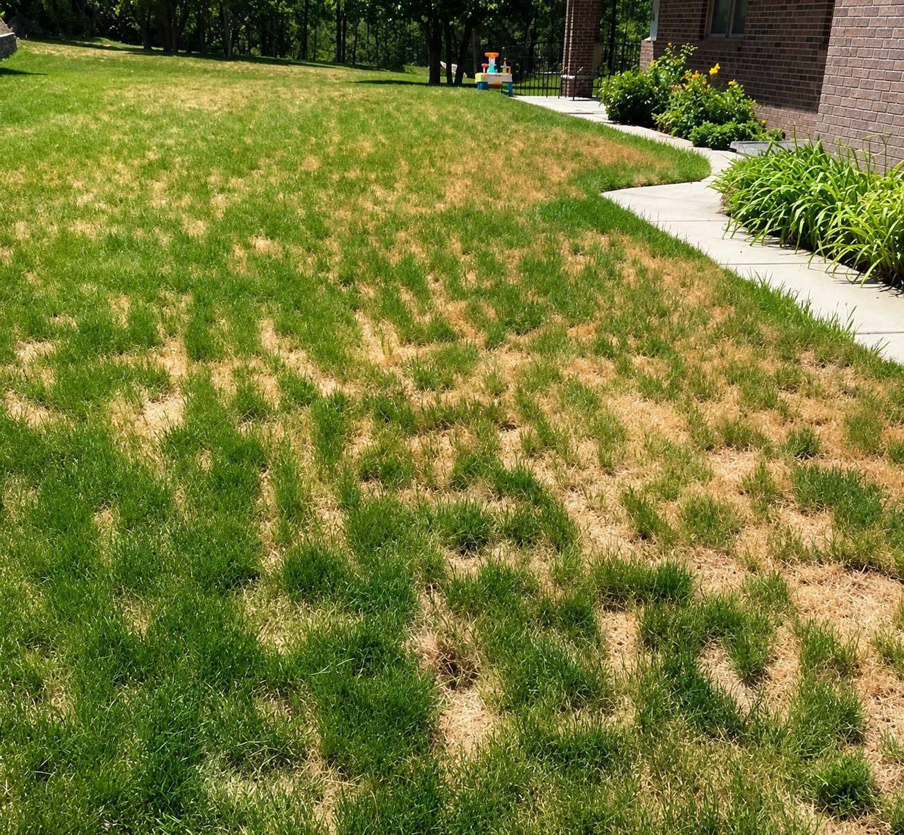 Patchy green and brown lawn beside a sidewalk and building