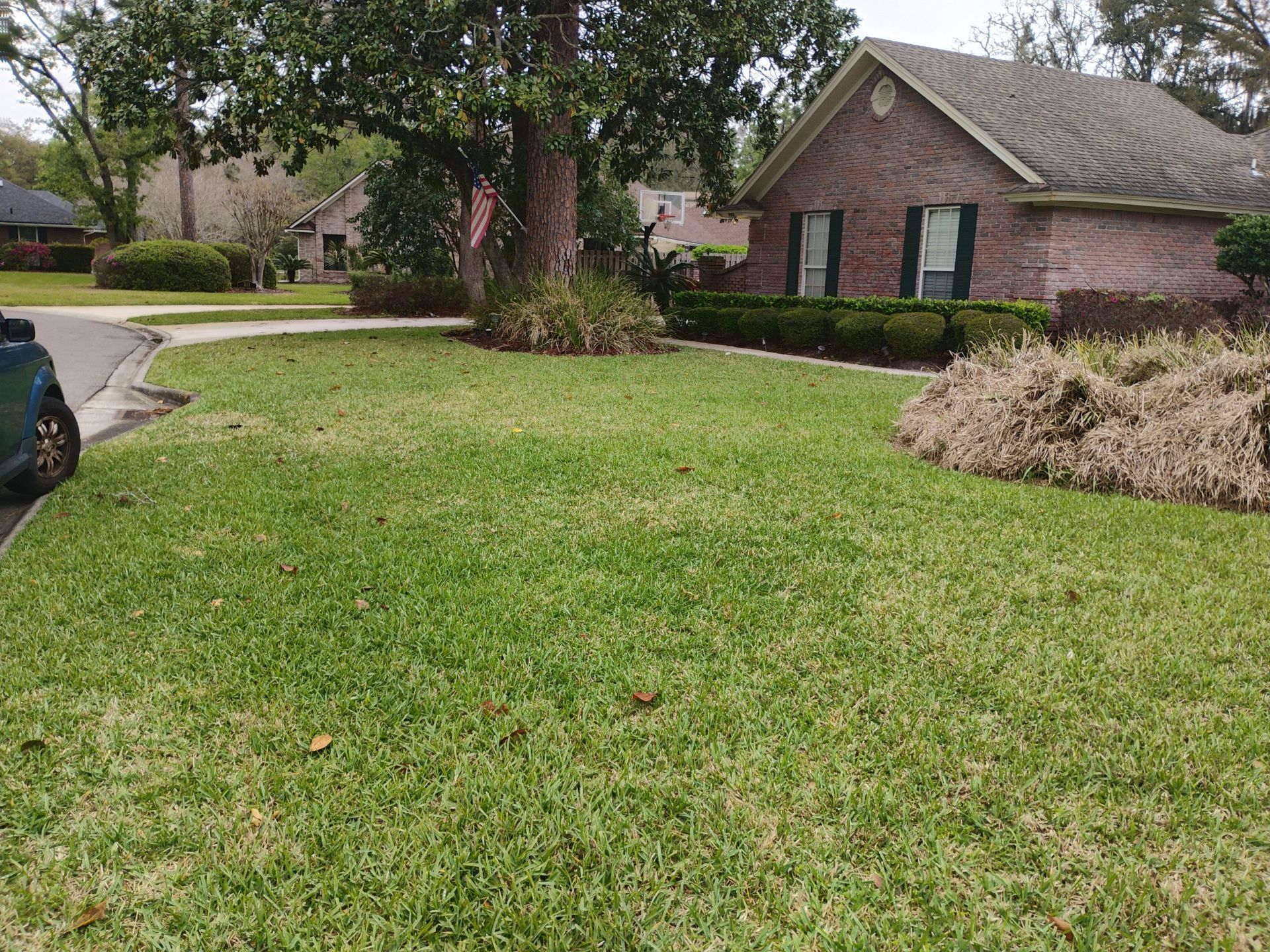 Suburban front yard with green lawn, brick house, trees, and a driveway at left