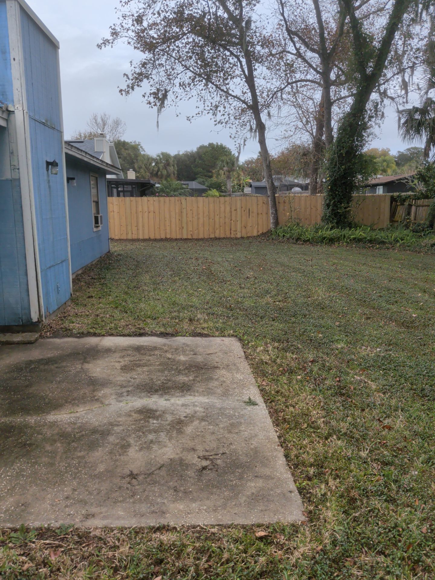 Blue house exterior with concrete patio, grassy yard, and wooden fence on an overcast day.