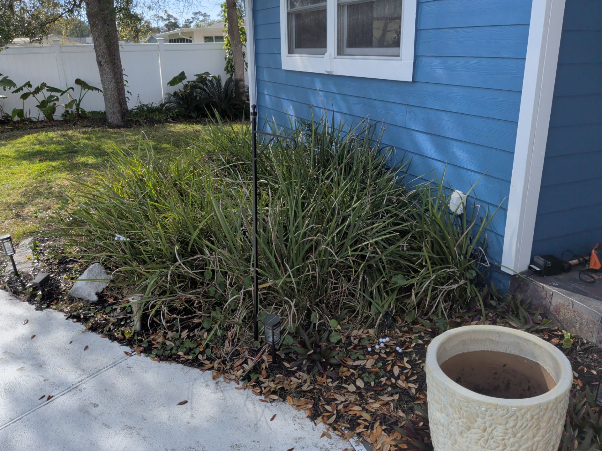 Blue house exterior with a grassy plant bed and a tan pot.