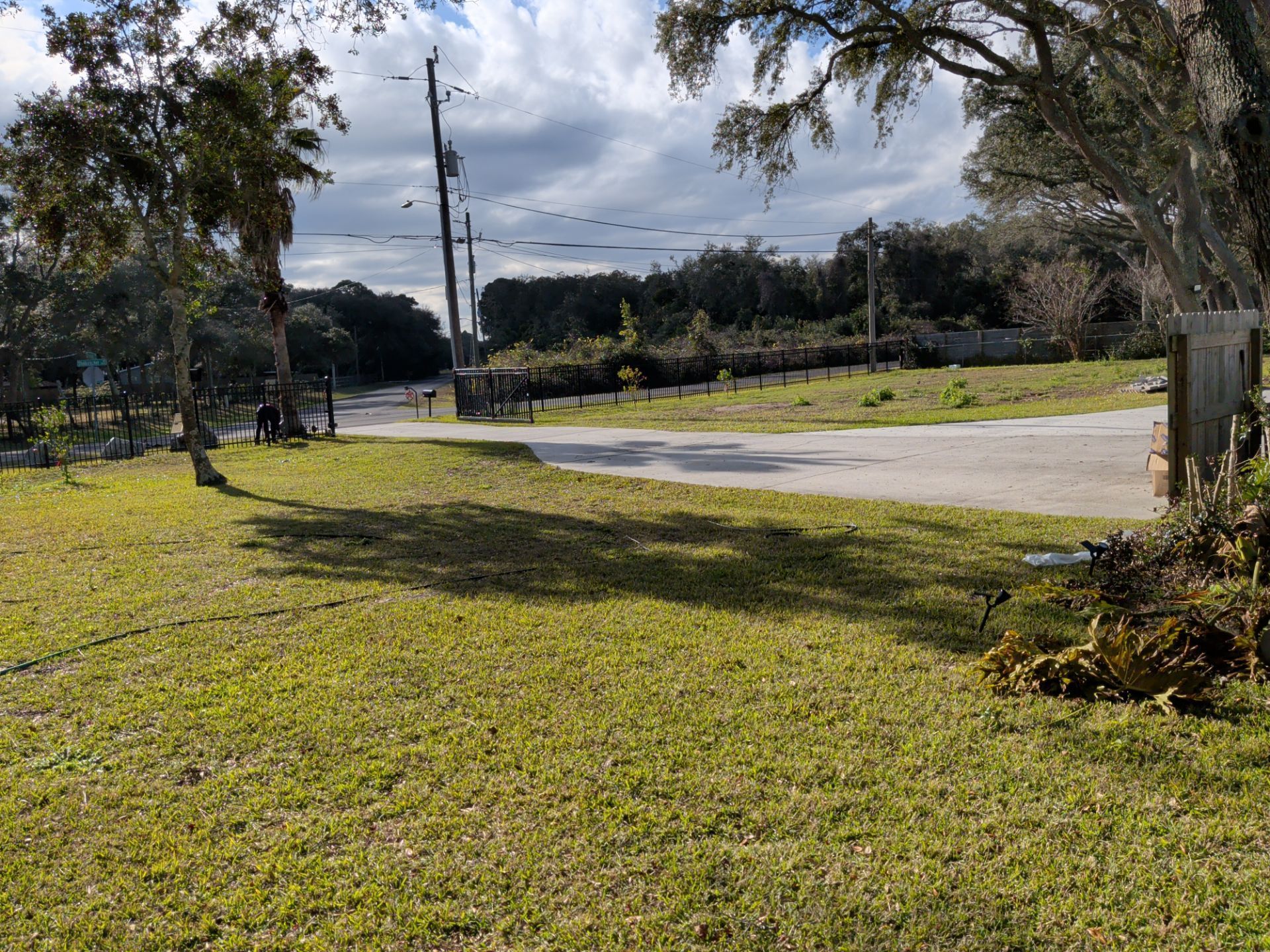 Grassy roadside with trees, utility poles, and a paved road under a partly cloudy sky.