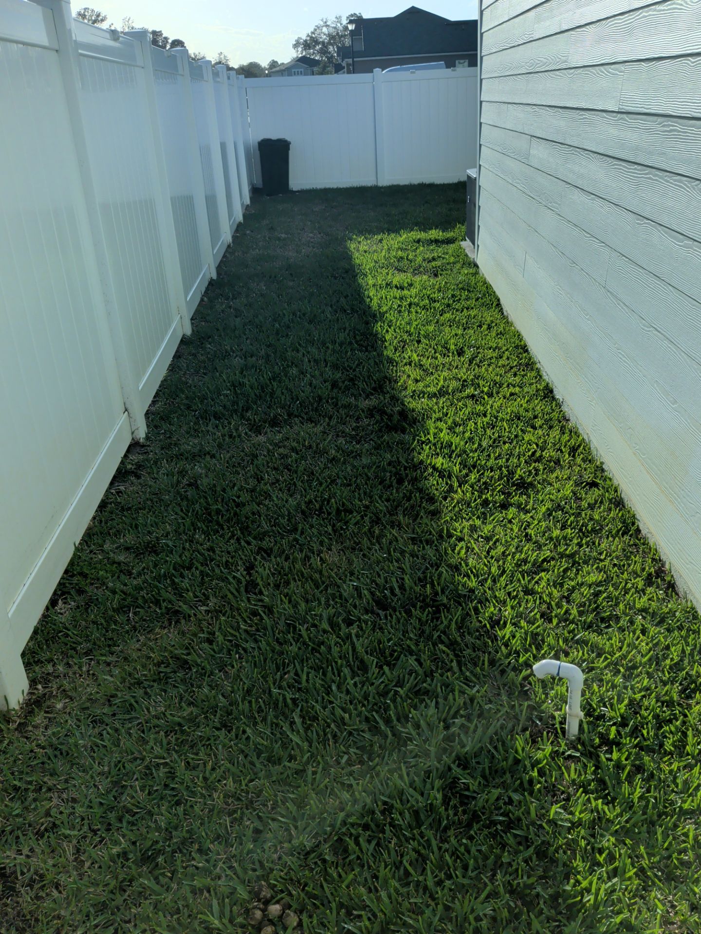 Narrow grass strip between white fences in bright sunlight, with a small white sprinkler in the foreground