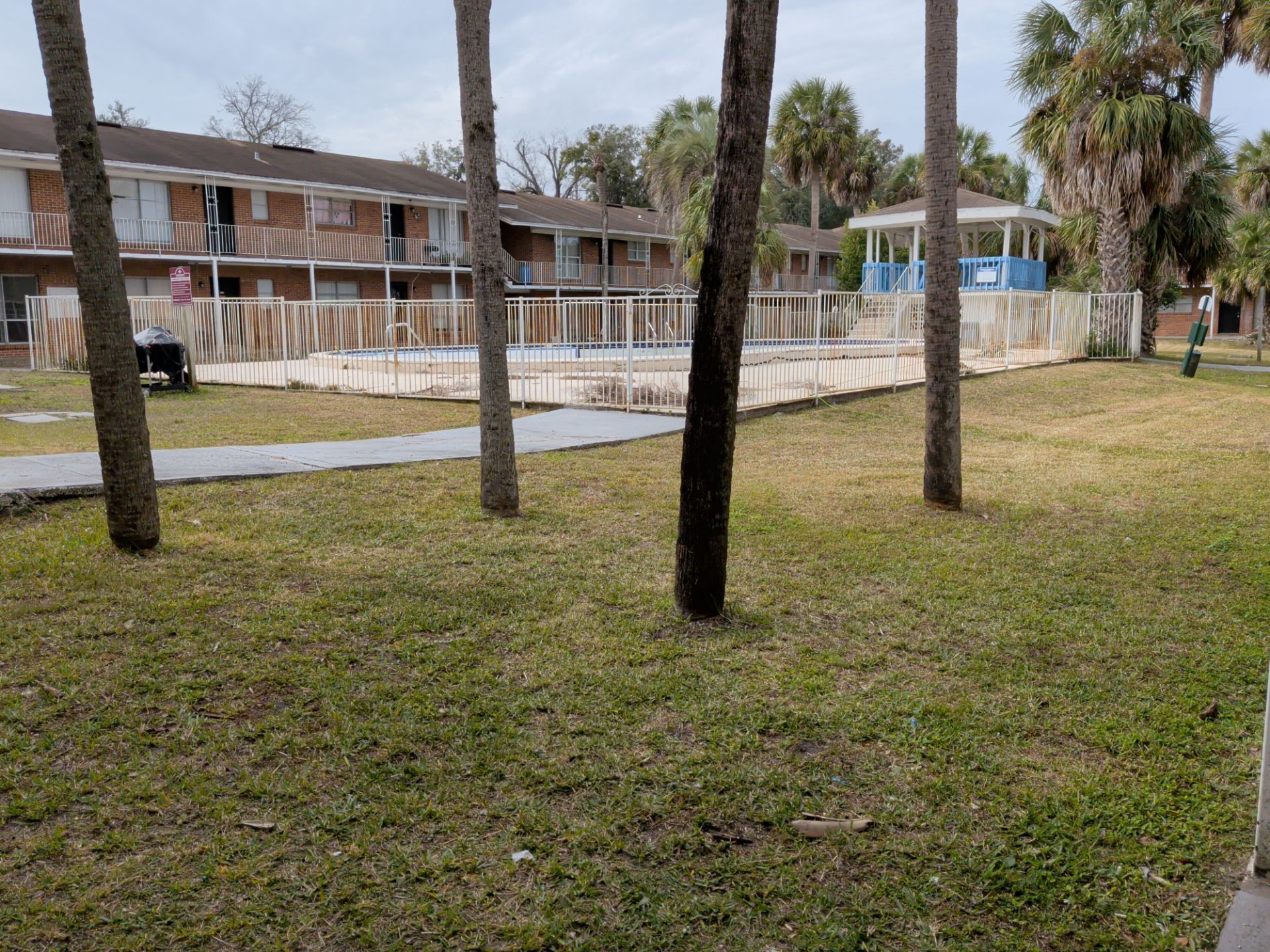 A fenced-off empty pool with a partially visible building in the background. Palm trees are in the foreground.