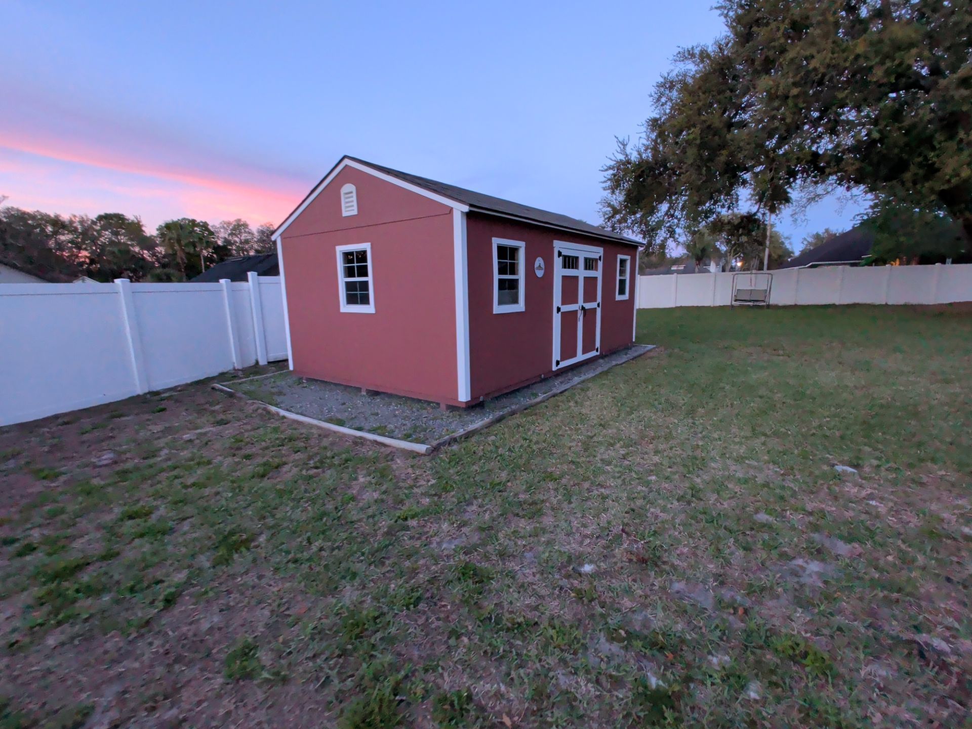 Small red shed with white trim in a grassy backyard at sunset, beside a white fence.