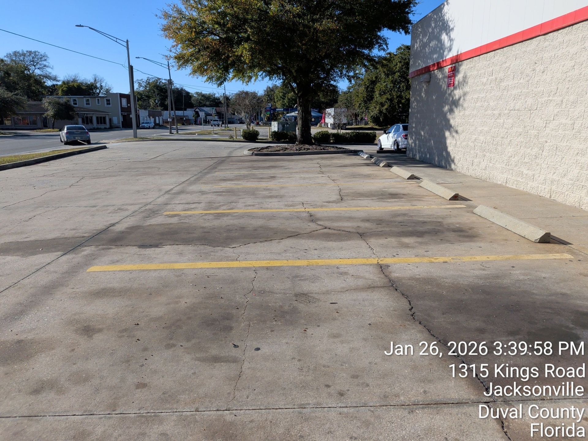 Empty parking lot beside a white building with a tree, curb stops, and street in daylight
