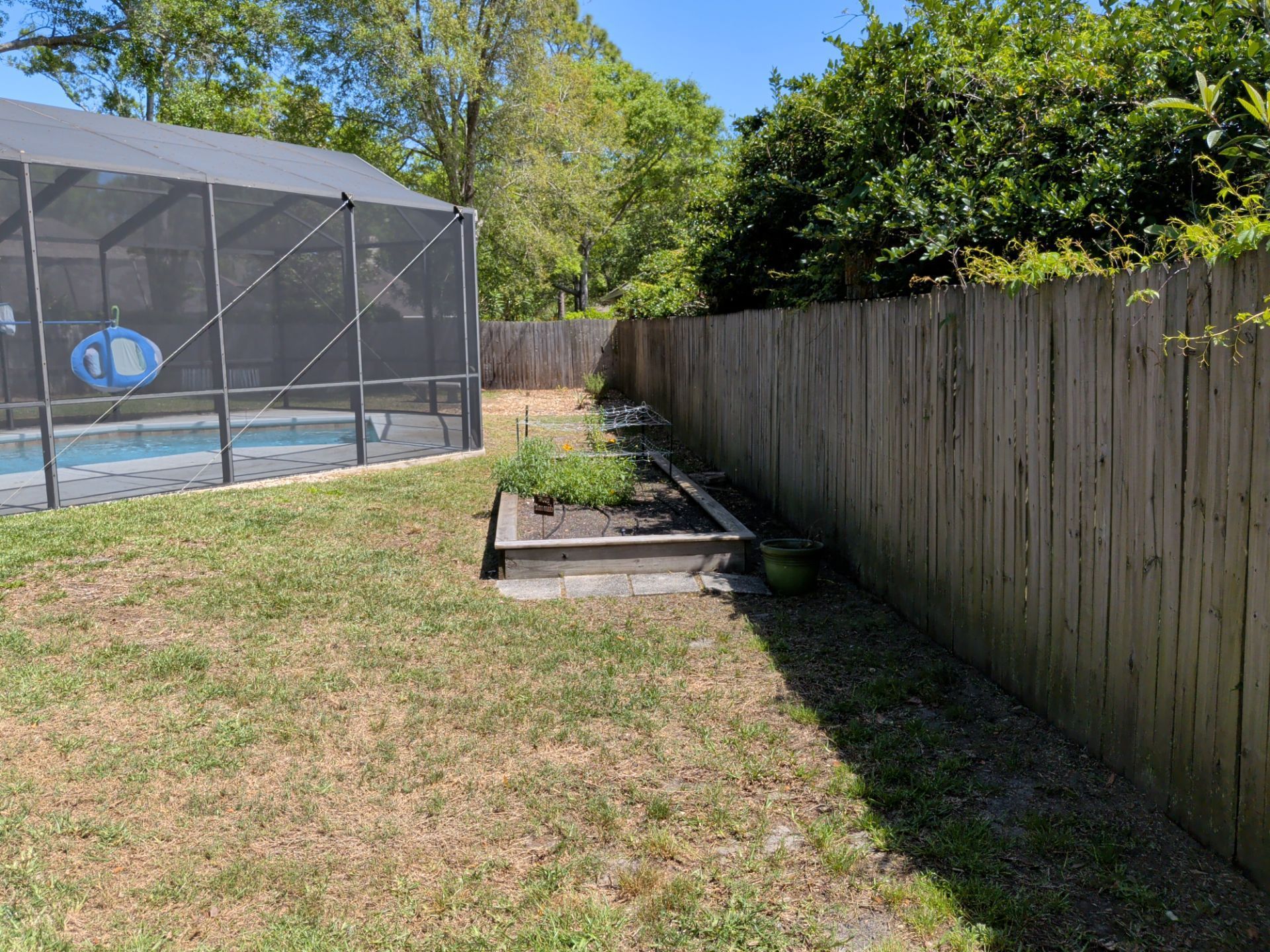 Backyard with a screened pool enclosure, grass lawn, and wooden fence along the right side.