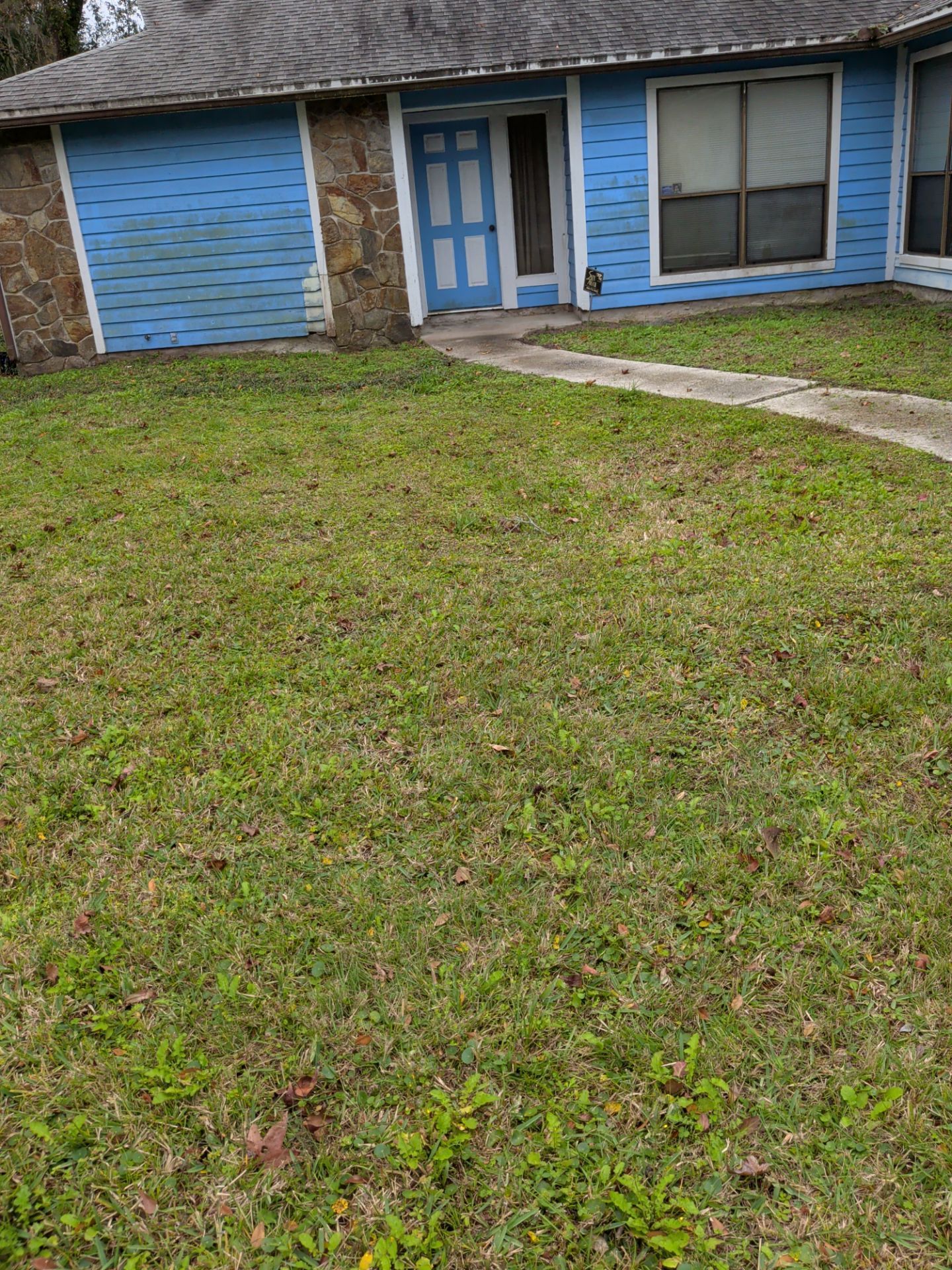 Blue house with a concrete walkway and grassy yard.