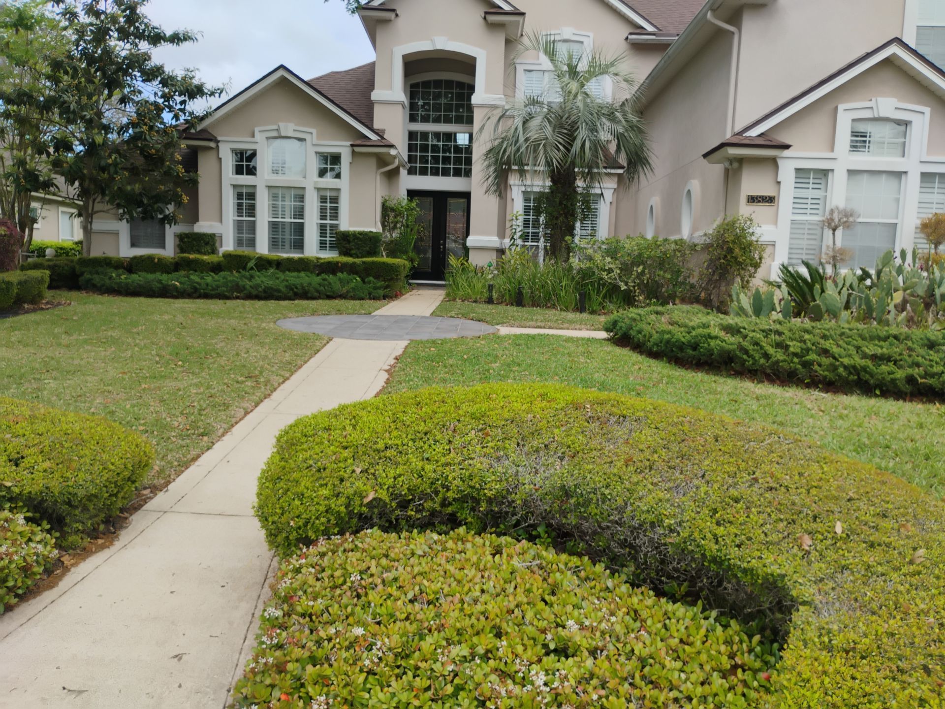Front view of a suburban house with a curved walkway, manicured lawn, hedges, and palm trees