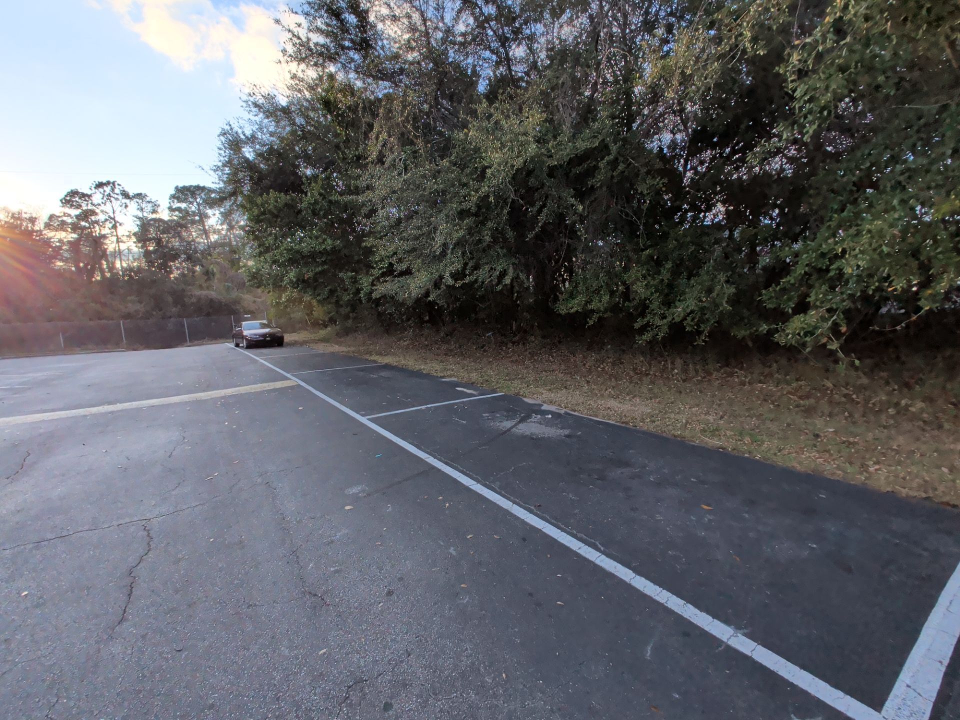 Empty parking lot at sunset, with trees lining the right side and a car in the distance.