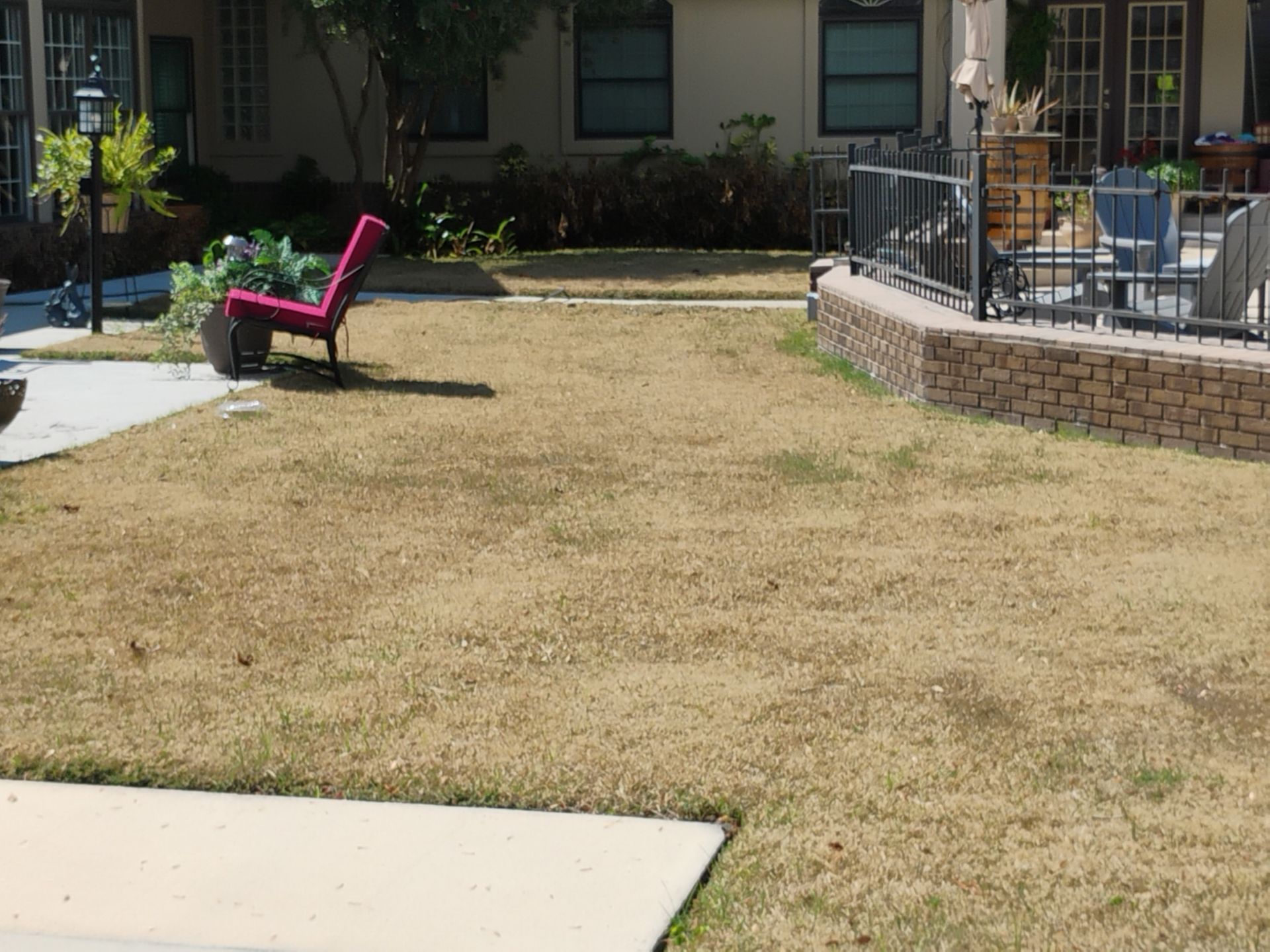 Backyard with dry grass, pink chair, and patio beside a house