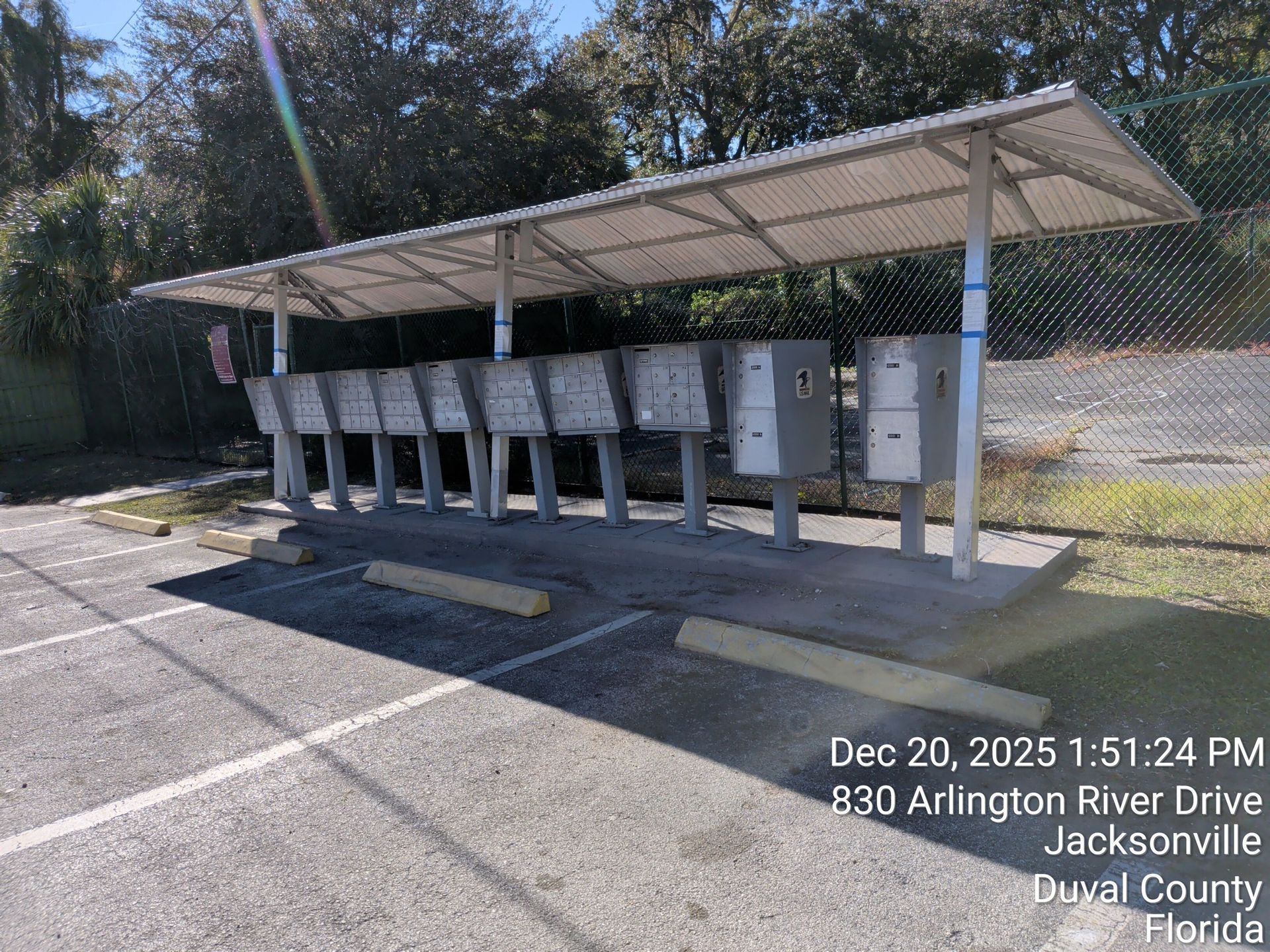 Mailboxes under a shelter in Jacksonville, Florida.