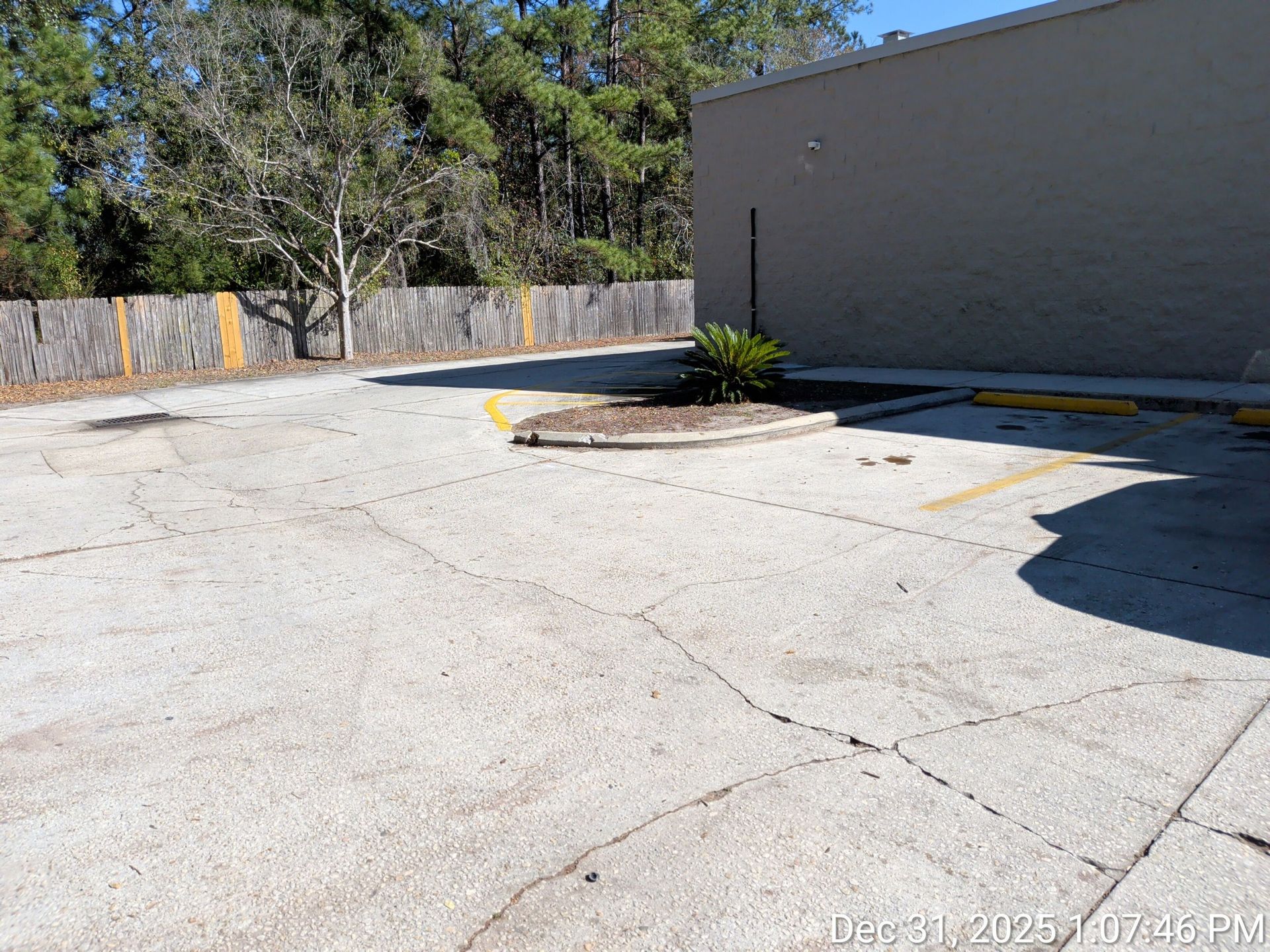 Empty cracked concrete parking lot with a small landscaped island and a tan building.