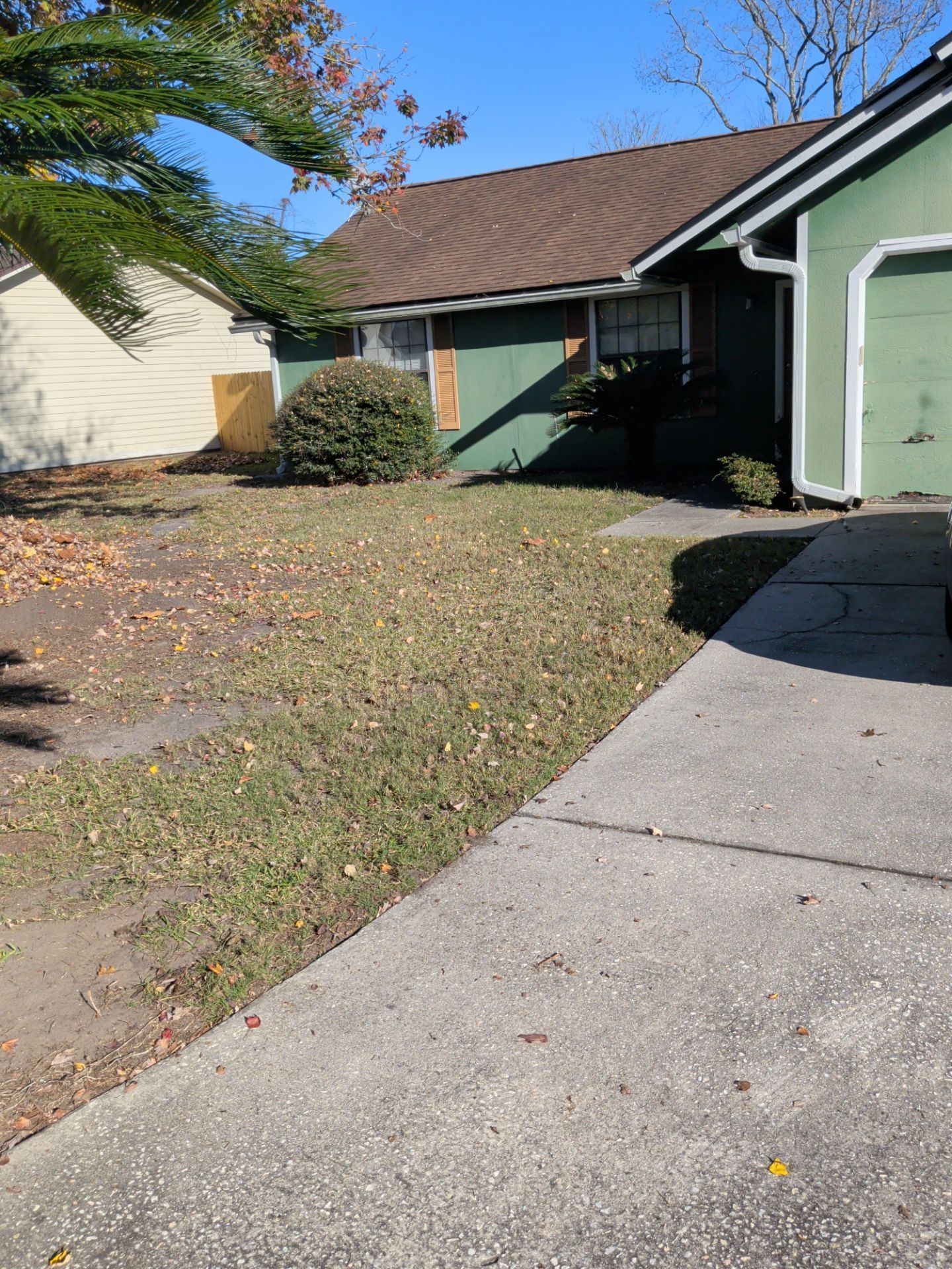 Green house with brown roof, overgrown grass, and a concrete driveway.