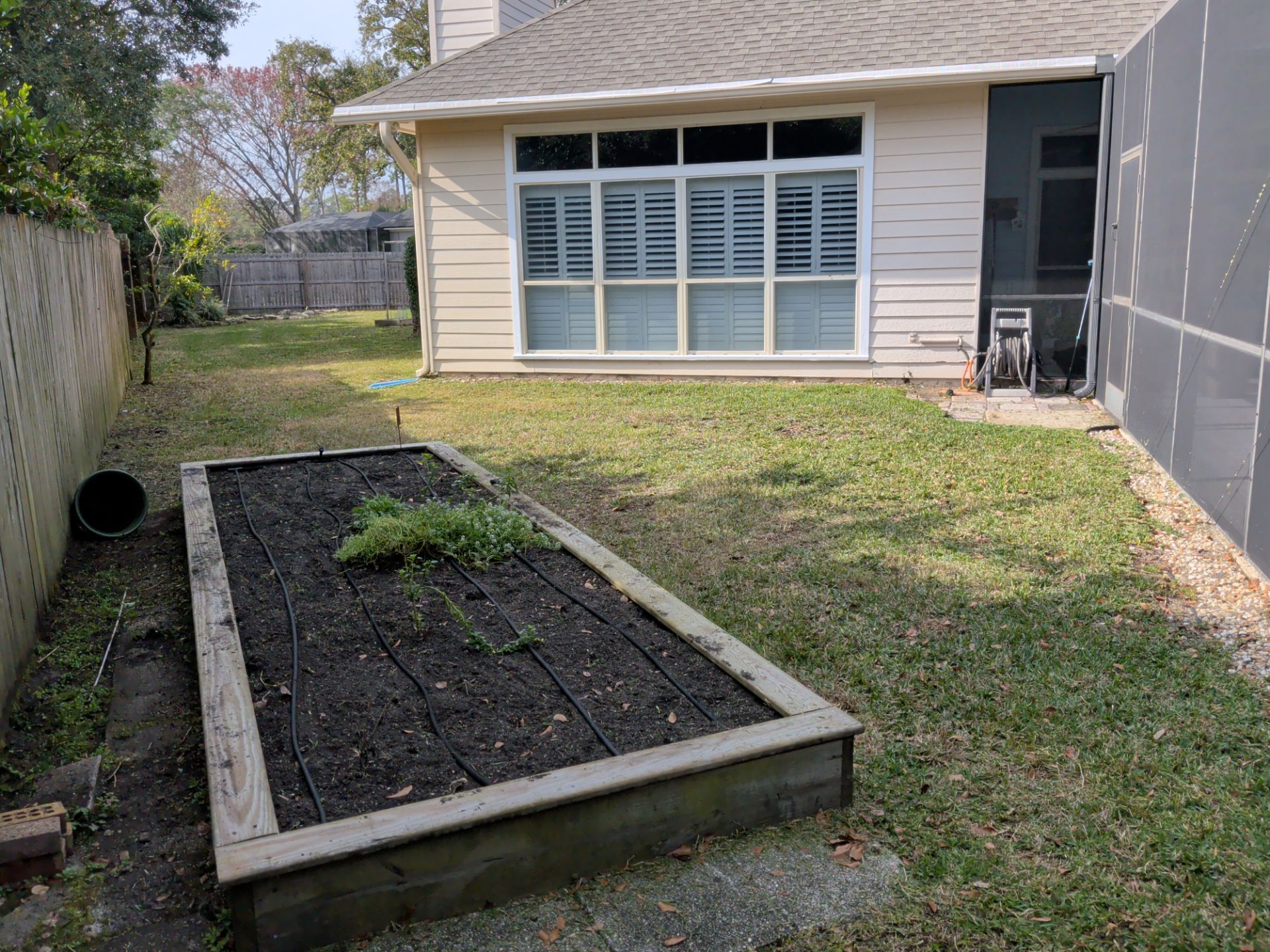 Backyard garden bed in a narrow yard beside a house, with a patio door and grass around it