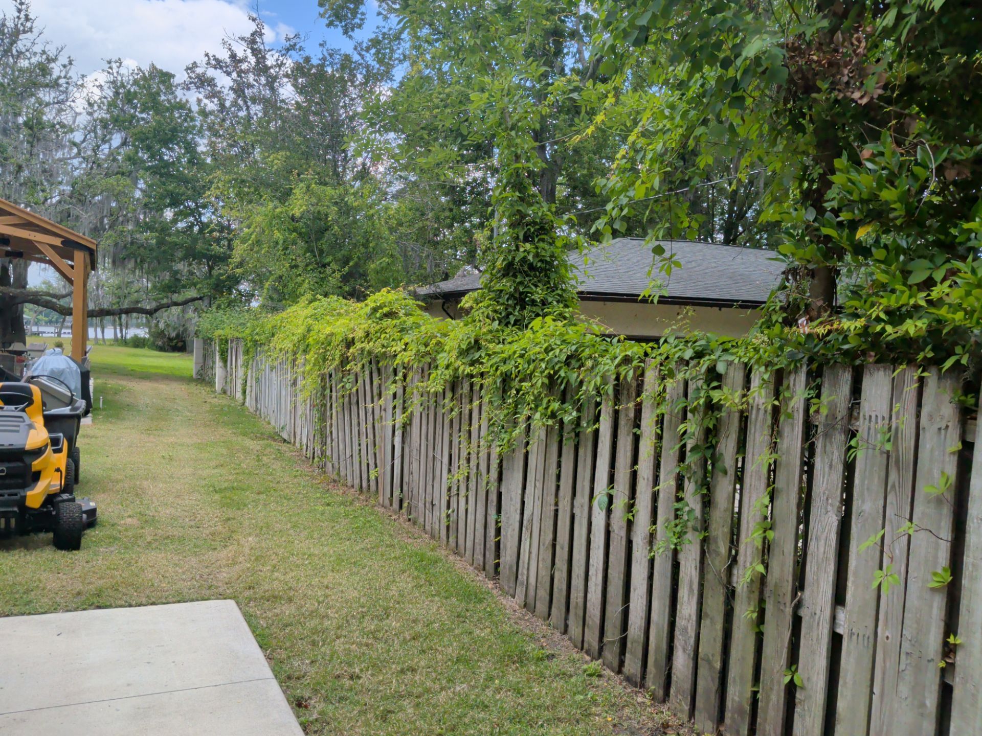 Narrow grassy yard beside a weathered wooden fence, with a yellow lawn mower and house in the background