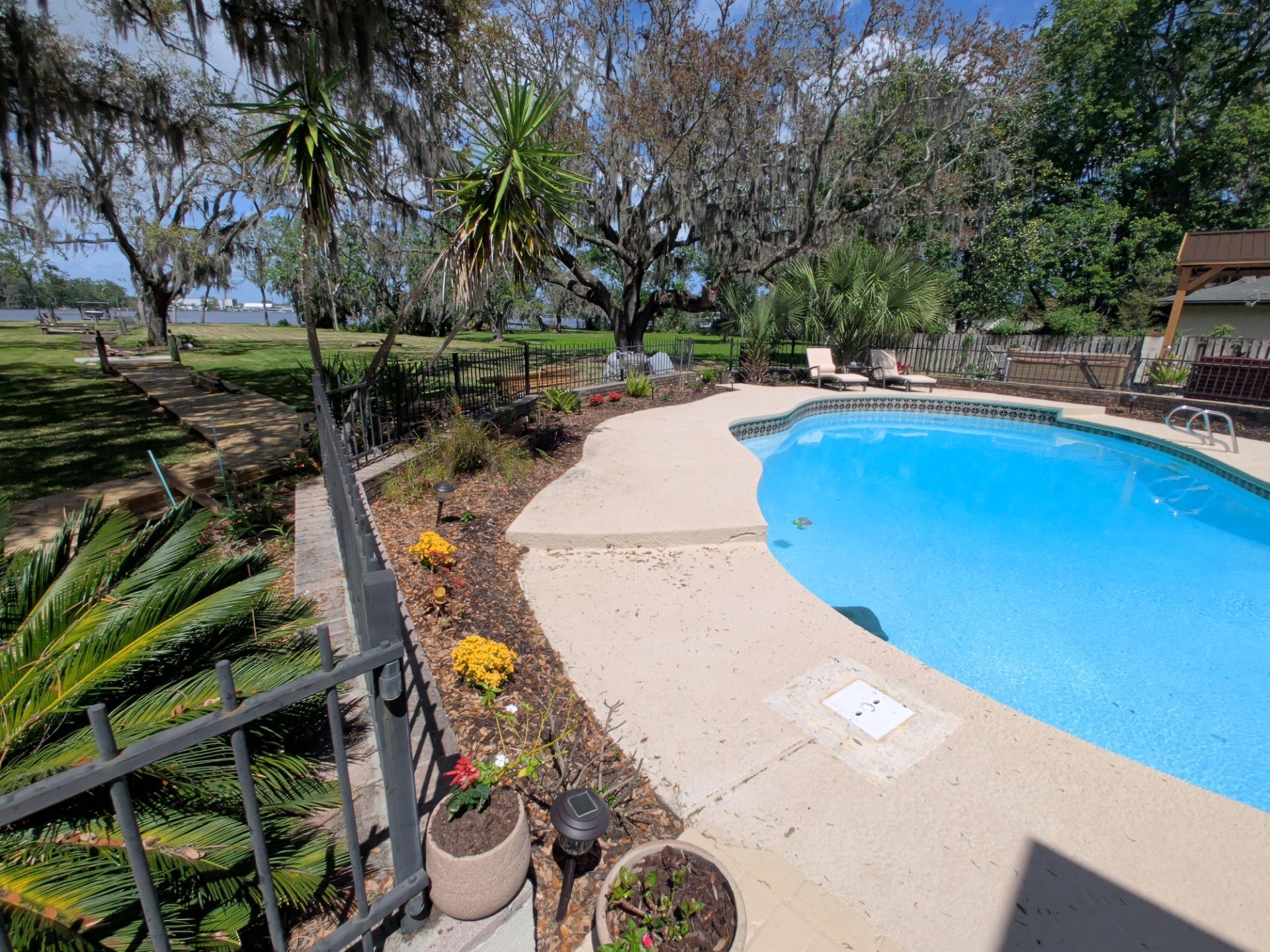 Curved backyard pool with blue water, tan deck, potted flowers, and surrounding trees