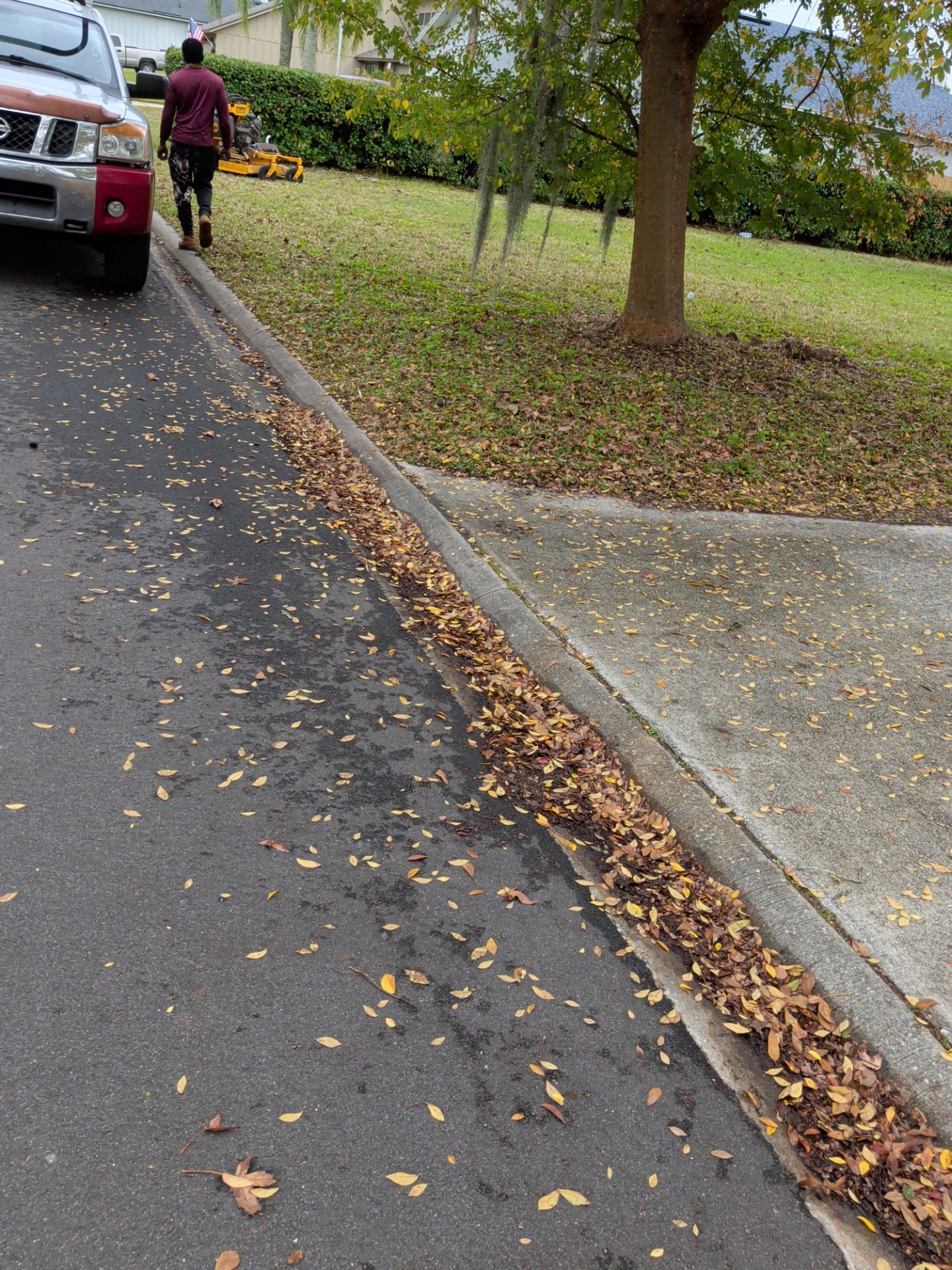 Leaves line a curb next to a street. A person walks by a truck and a lawnmower on the grass.