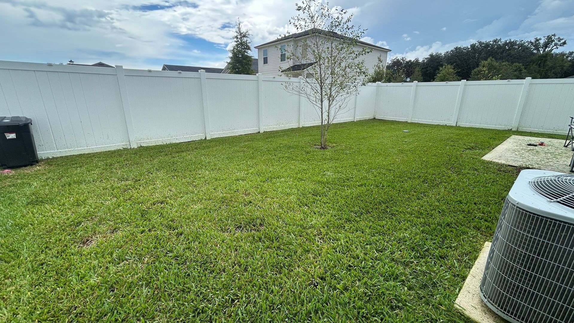 Backyard with green lawn, white privacy fence, a young tree, and an air conditioner unit on the right.