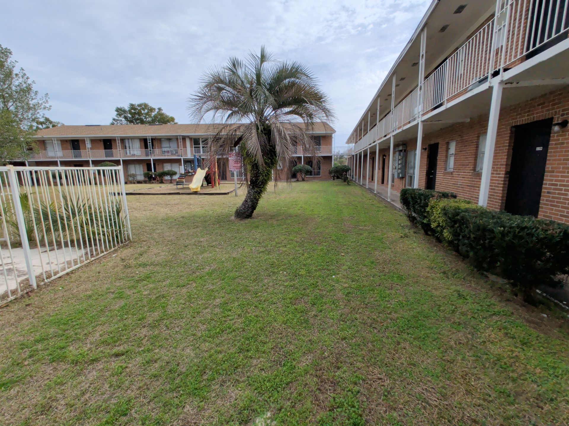 Apartment complex exterior with a palm tree in the grassy courtyard. Two-story buildings with balconies. Overcast sky.