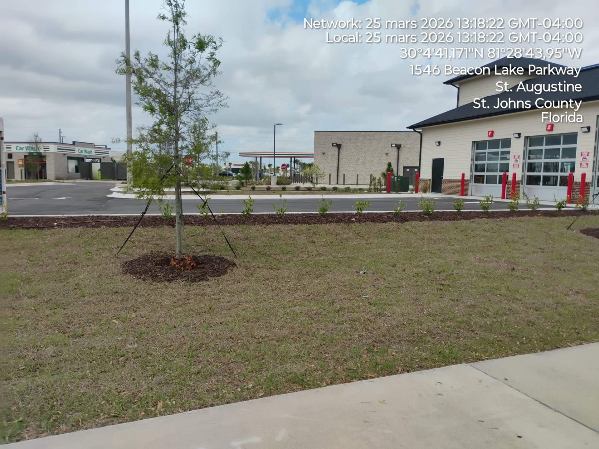 Street view of a low building and parking lot with a small tree and grassy median under cloudy skies