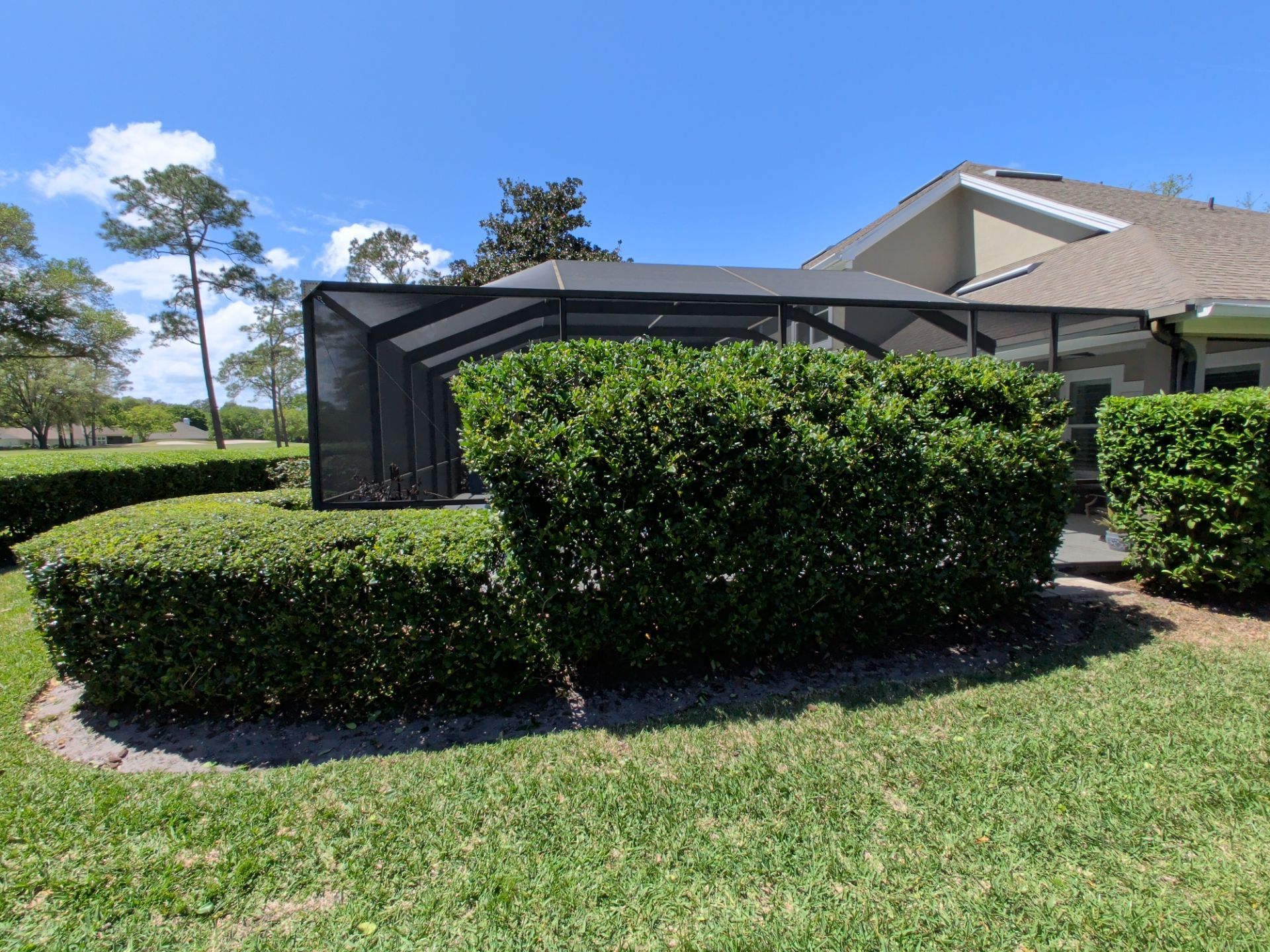 Backyard patio with screened enclosure, trimmed hedges, and a beige house under a blue sky