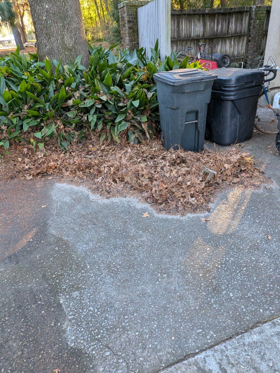 Two trash bins beside a driveway with dried leaves and a wooden fence in the background