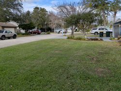 Grassy suburban street with parked cars and houses. Overcast sky.