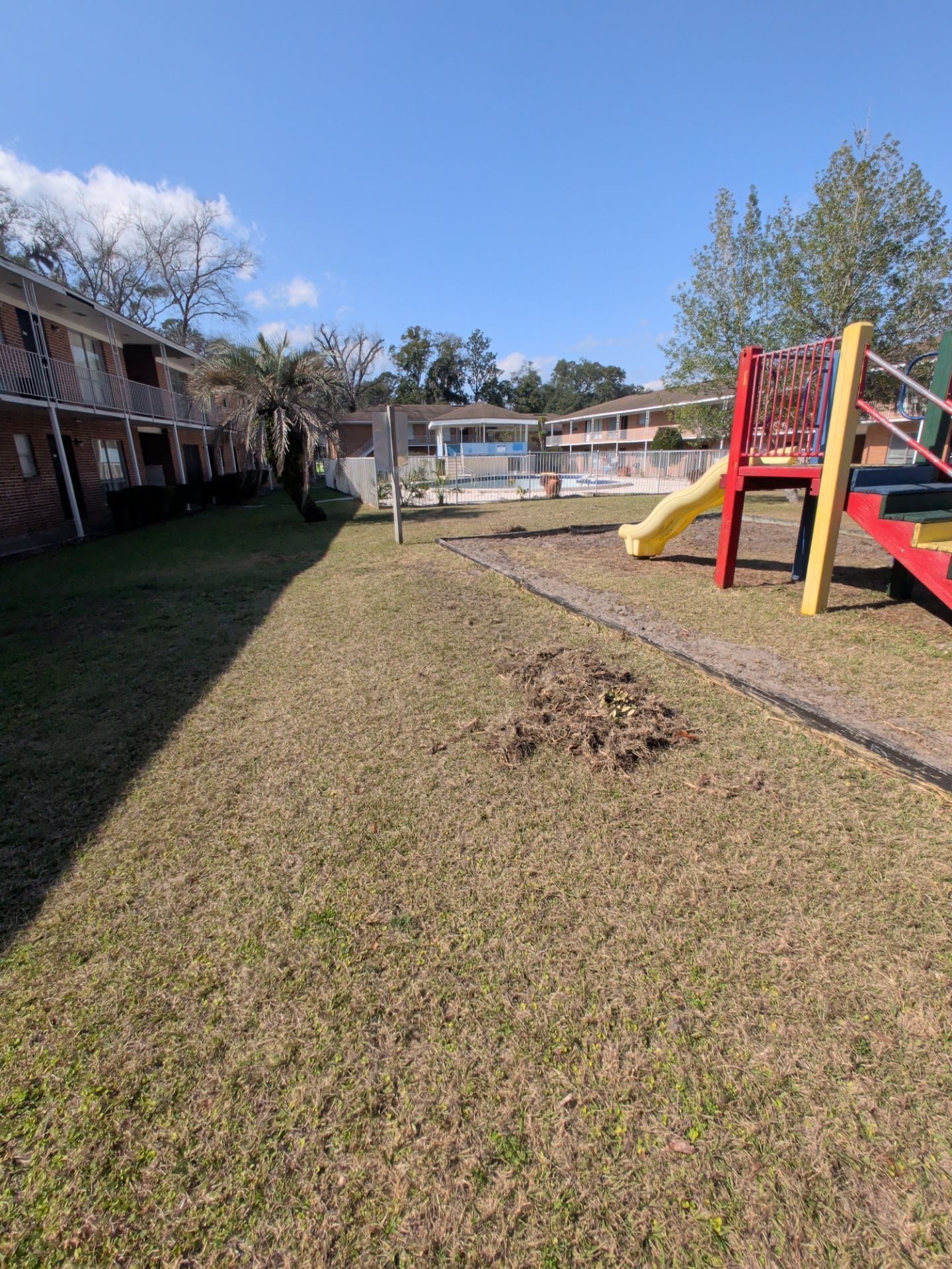Grassy outdoor area with a playground, apartment buildings, and a swimming pool under a blue sky.