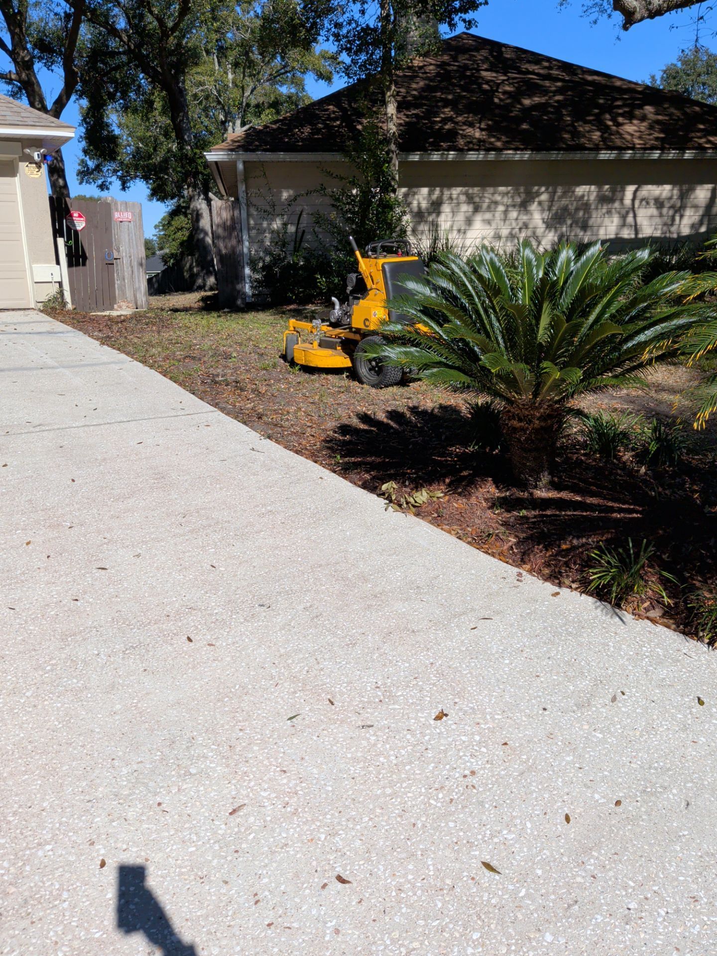 A yellow lawnmower on a yard in front of a house next to a driveway with a palm tree.