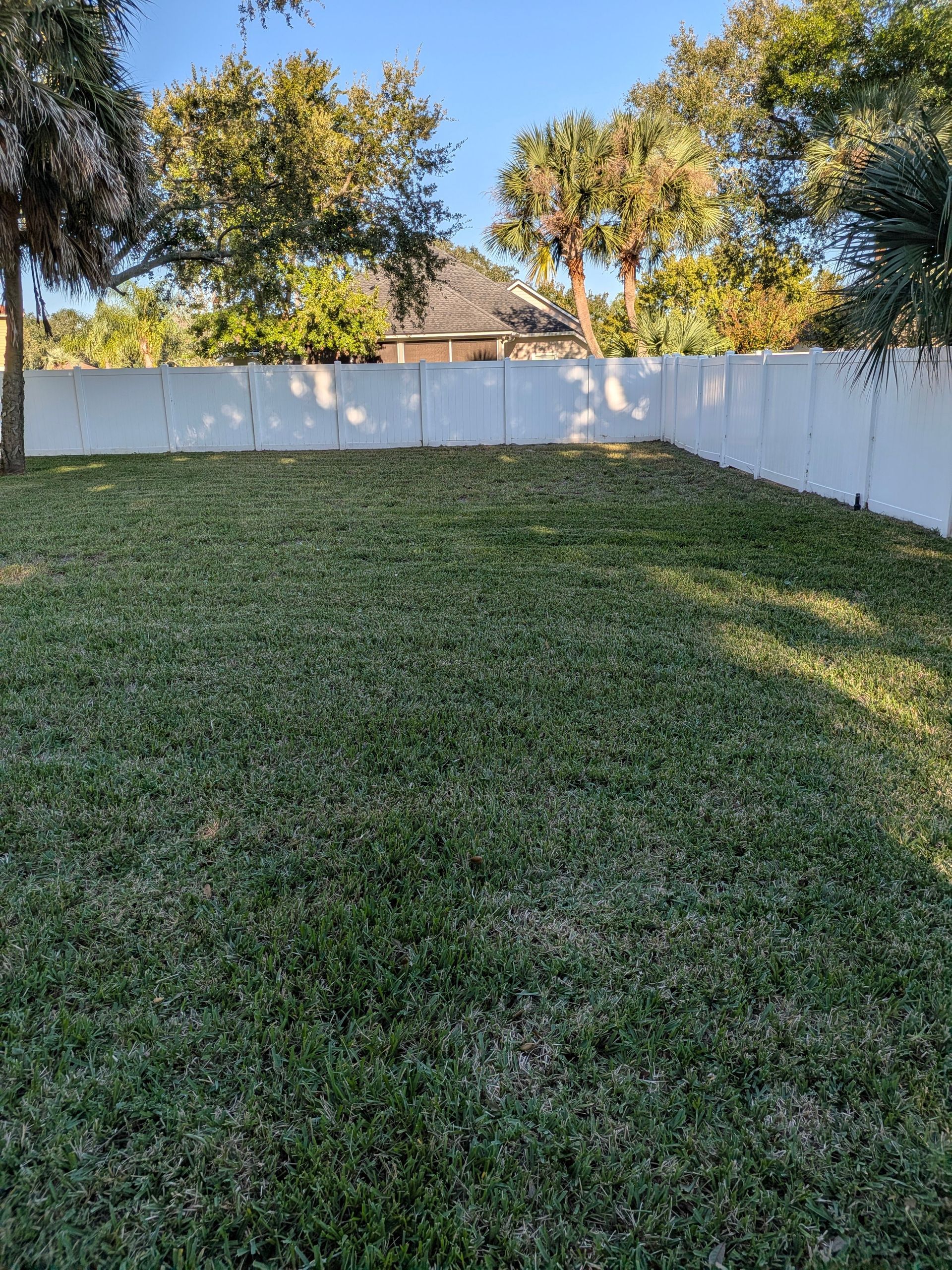 Grassy backyard sloping to a white fence with trees and warm sunlight in the background