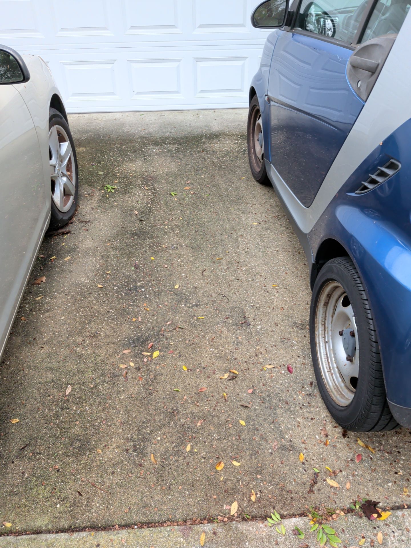 Cars parked side-by-side on a concrete driveway in front of a white garage door.