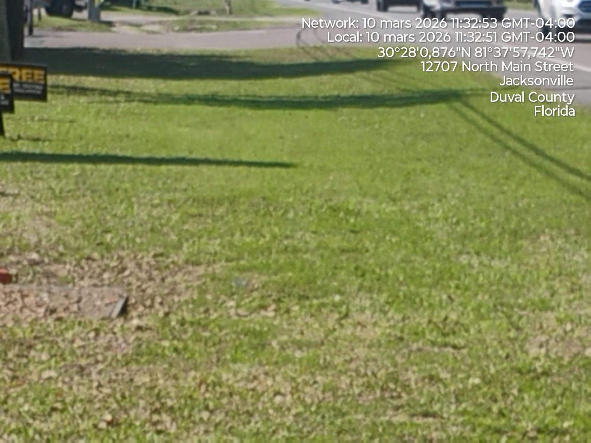 Grassy park lawn with trees and a distant street sign on the left.