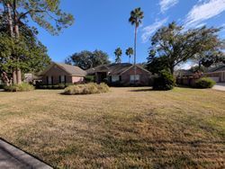 Brick house with a large, dry lawn on a sunny day. Palm trees and other trees in the background.
