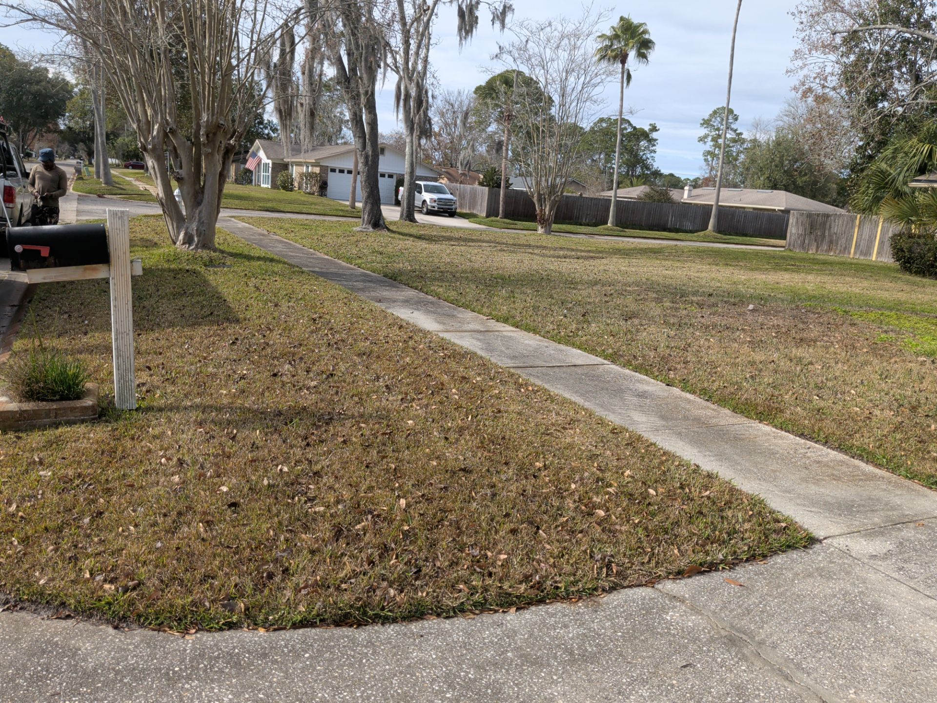 Suburban street with dry grass, sidewalk, houses, and parked vehicle.