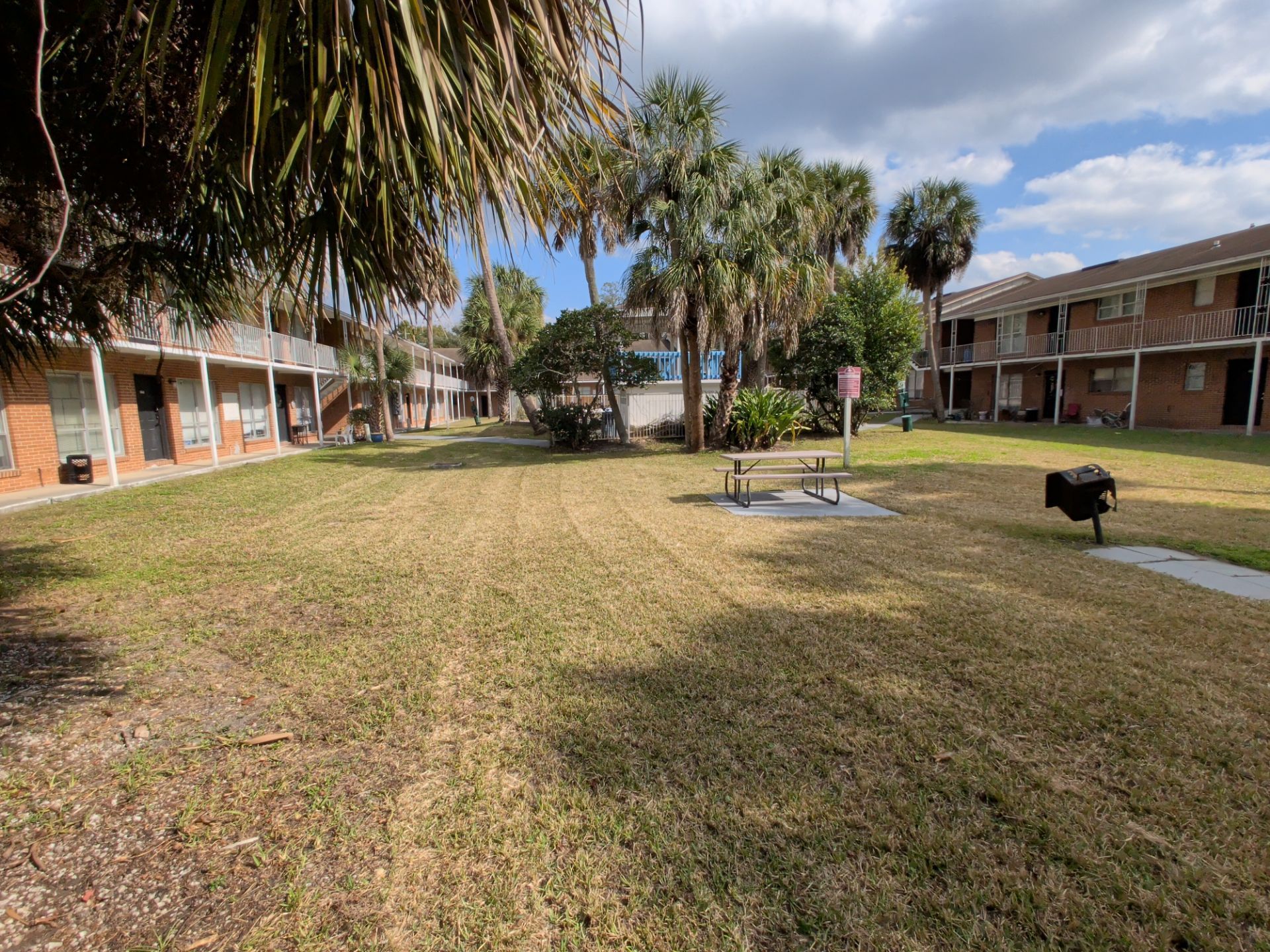 Apartment complex courtyard with grass, palm trees, and two-story buildings. Overcast sky.