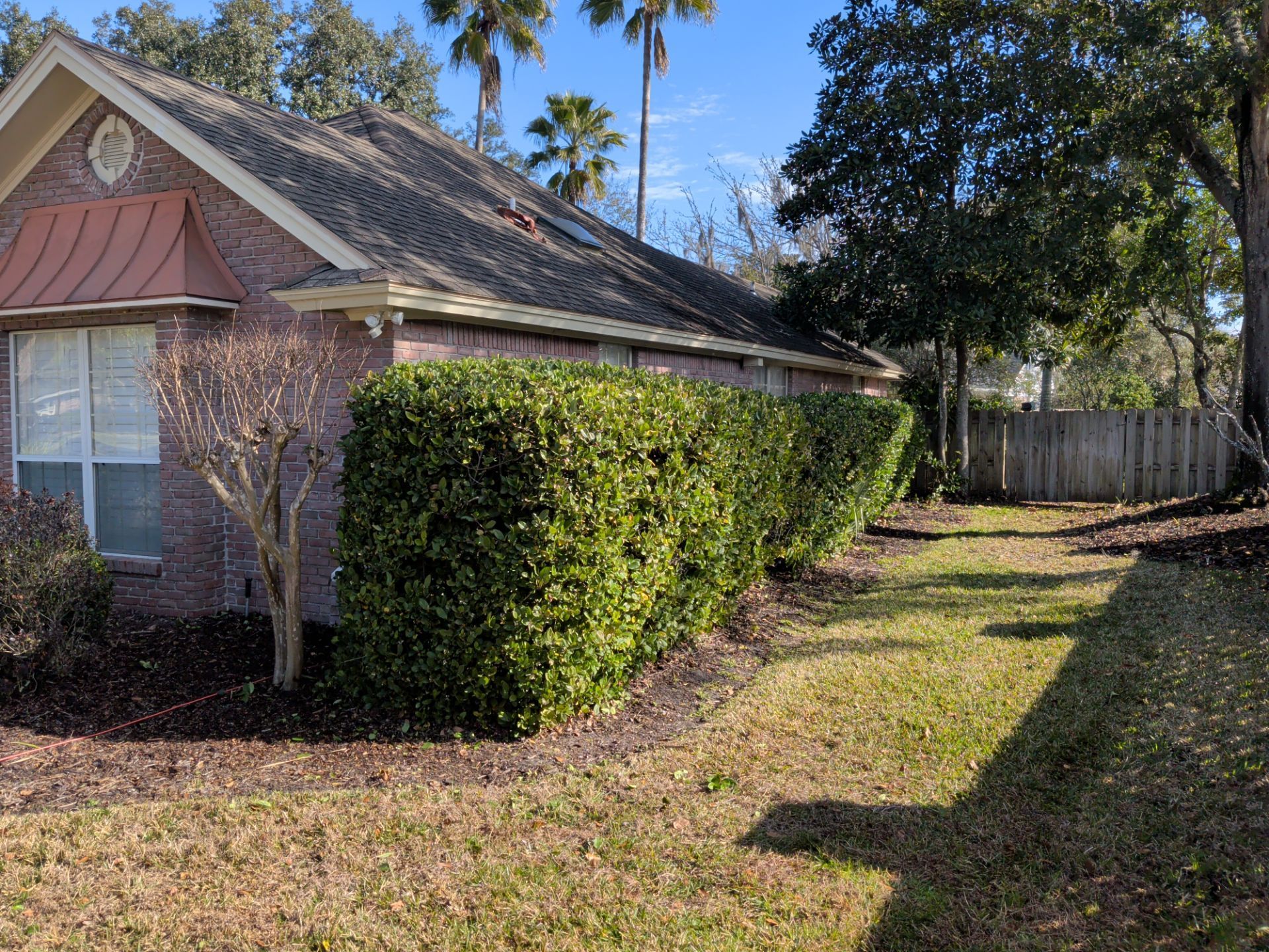 Brick house with green hedges, brown mulch, and a grassy yard.