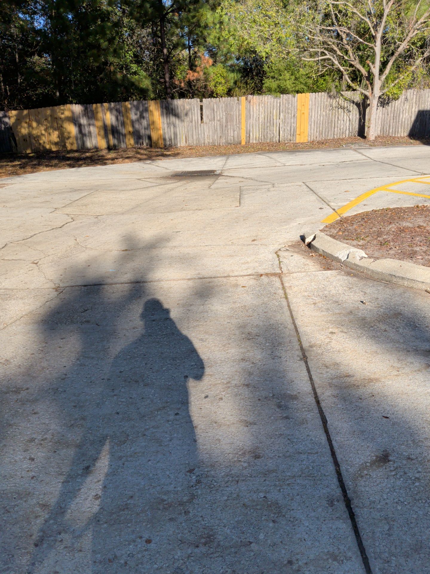 Shadow of person on cracked asphalt parking lot in front of wooden fence and trees.