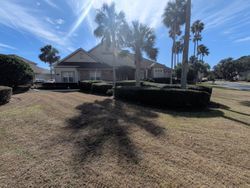 A house with palm trees, a bright sky, and the shadow of a palm tree on the lawn.
