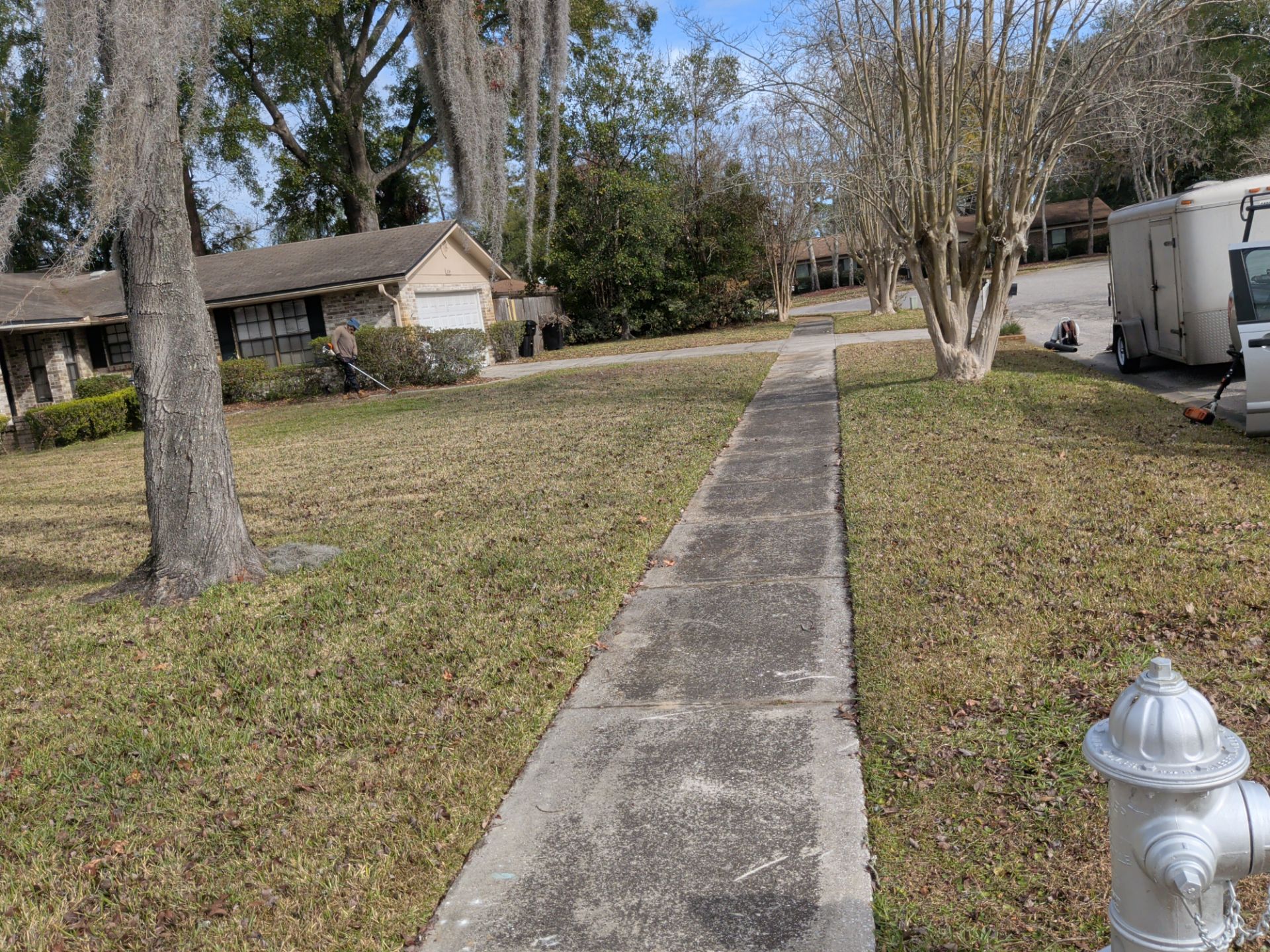 Concrete sidewalk through a residential area with grass, trees, and houses.