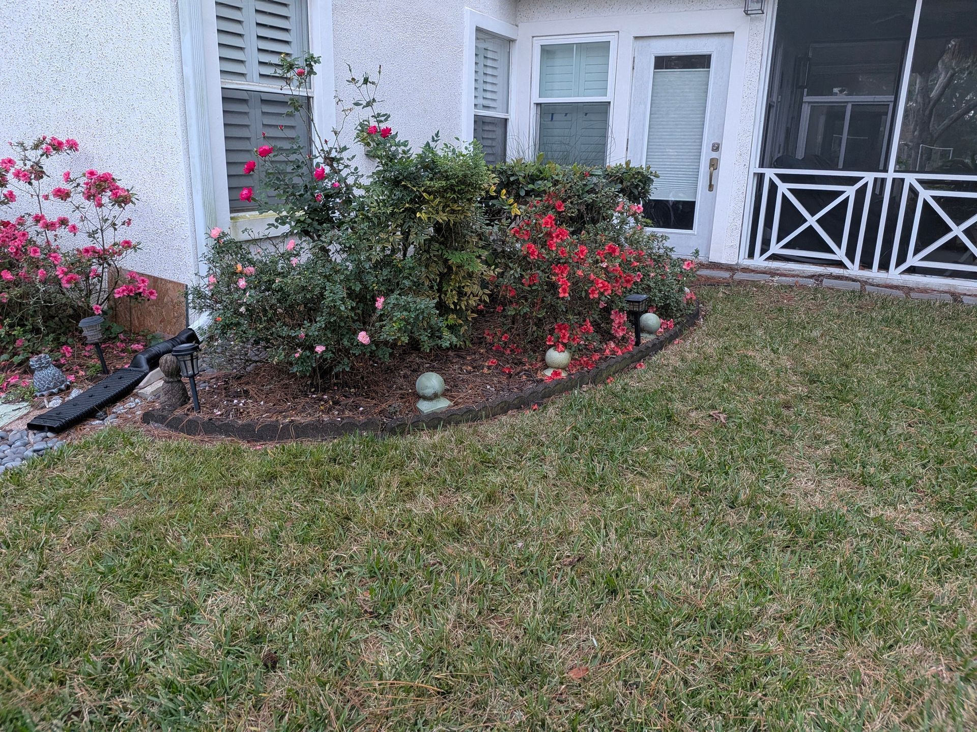 Lush garden bed with pink flowers and green shrubs, next to a house with a screened porch and grassy lawn.