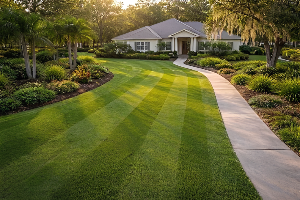 Manicured lawn with curved sidewalk leading to a house, bordered by lush landscaping at sunset
