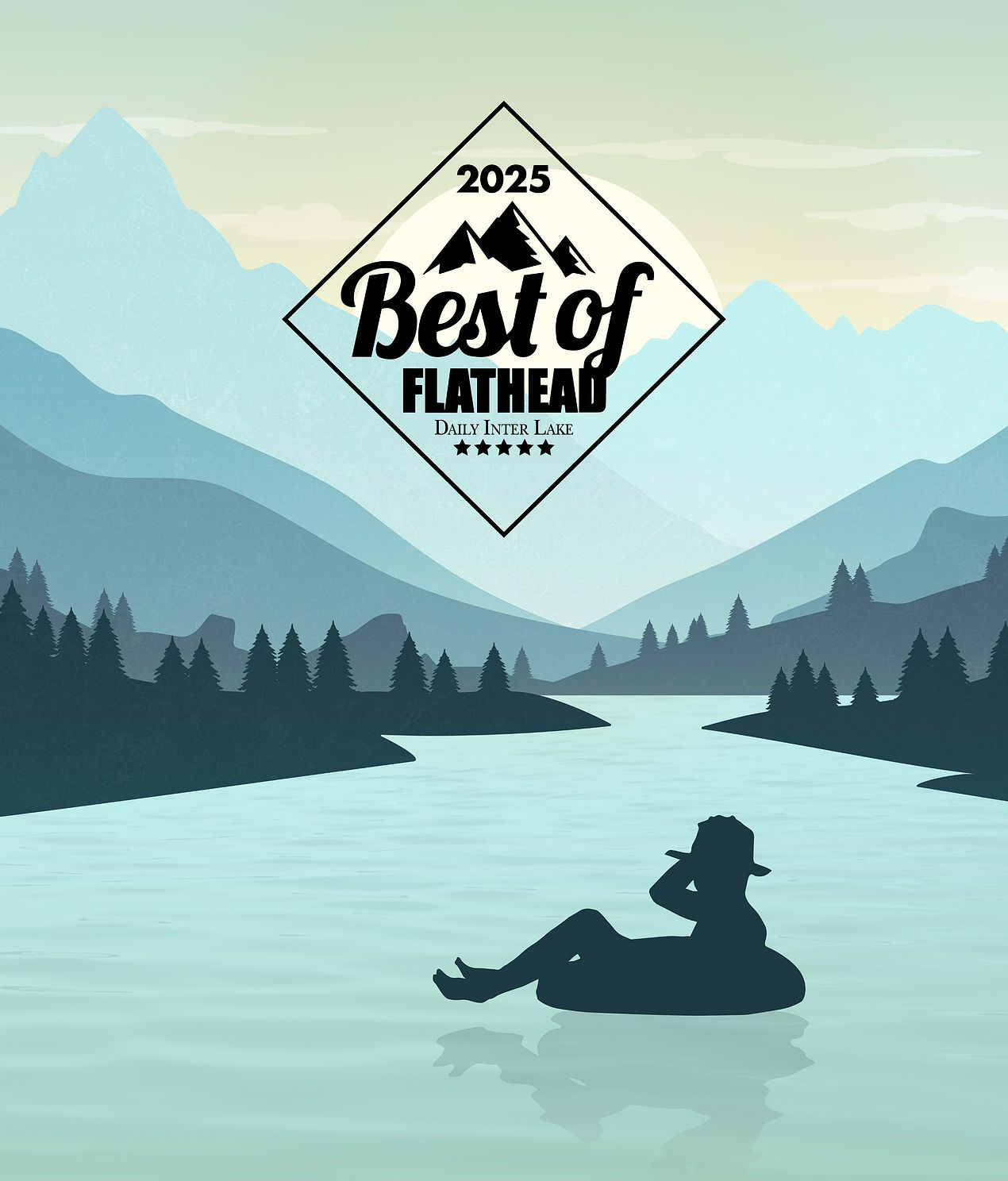 Silhouette of person floating on inner tube in Flathead River, Montana, with mountains and trees; 