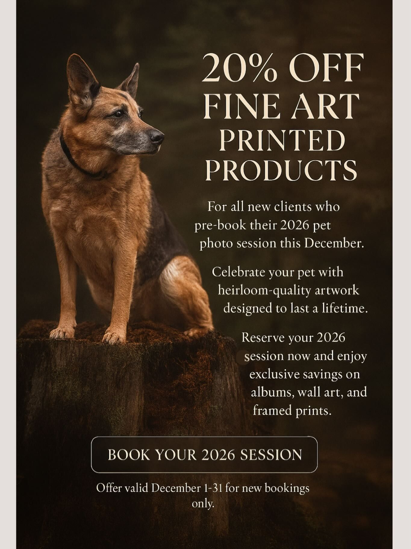 A dog sitting on a stump. Ad for 20% off fine art printed products. Book a 2026 pet photo session this December.