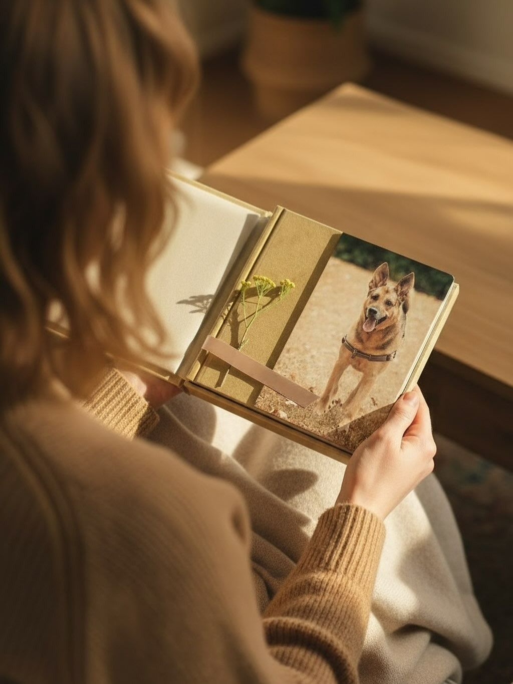 Woman looking at a photo album, holding it in her lap. Album open to a photo of a dog. Sunny interior.