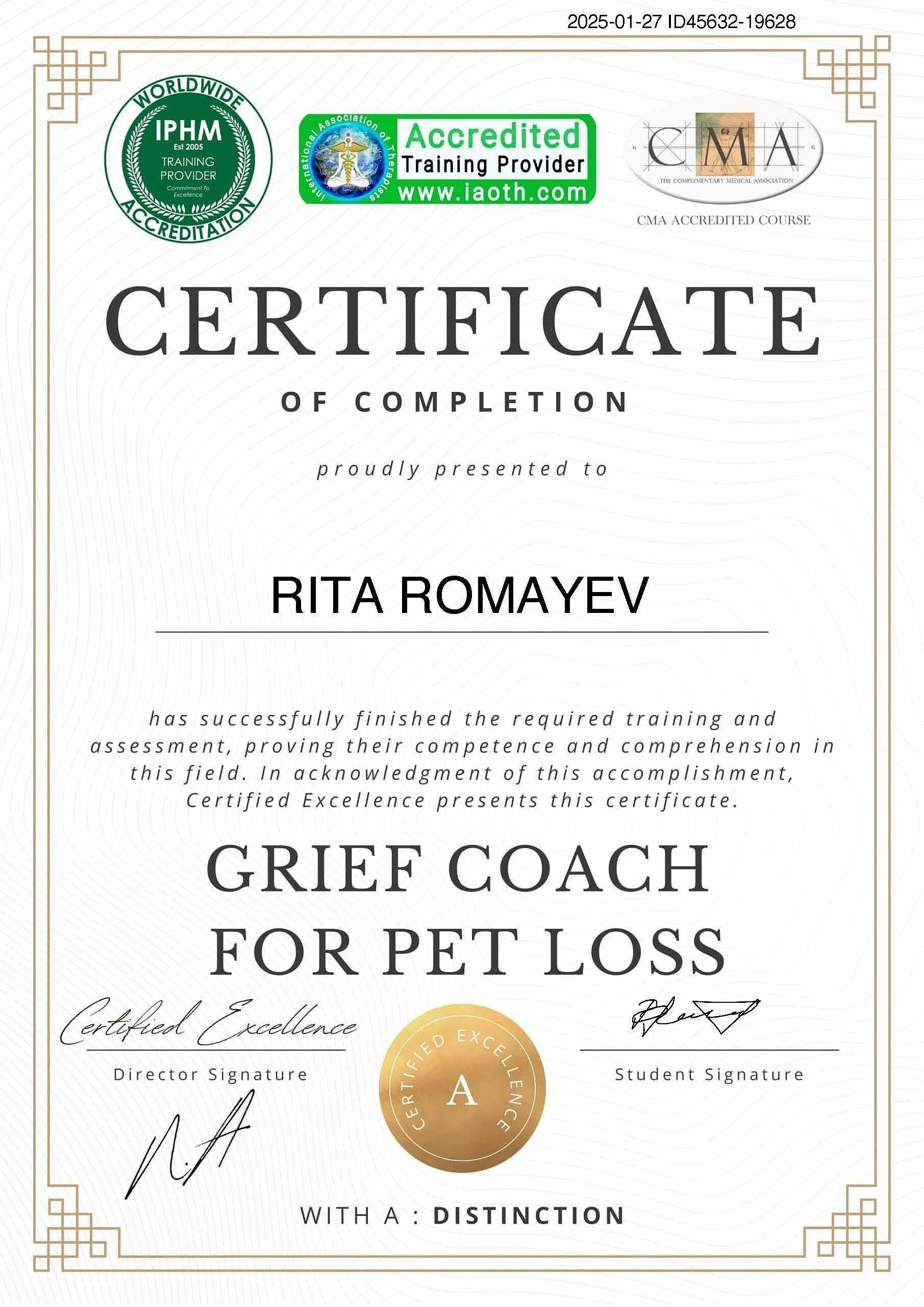 Certificate of Completion for Rita Romayev, Grief Coach for Pet Loss. It has seals and signatures.