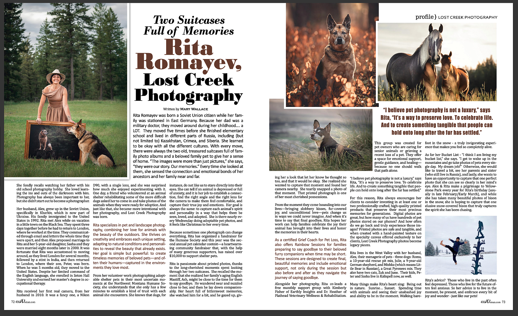 Magazine spread featuring a woman with a dog and a framed photo, plus other dog and horse photos. Text included.