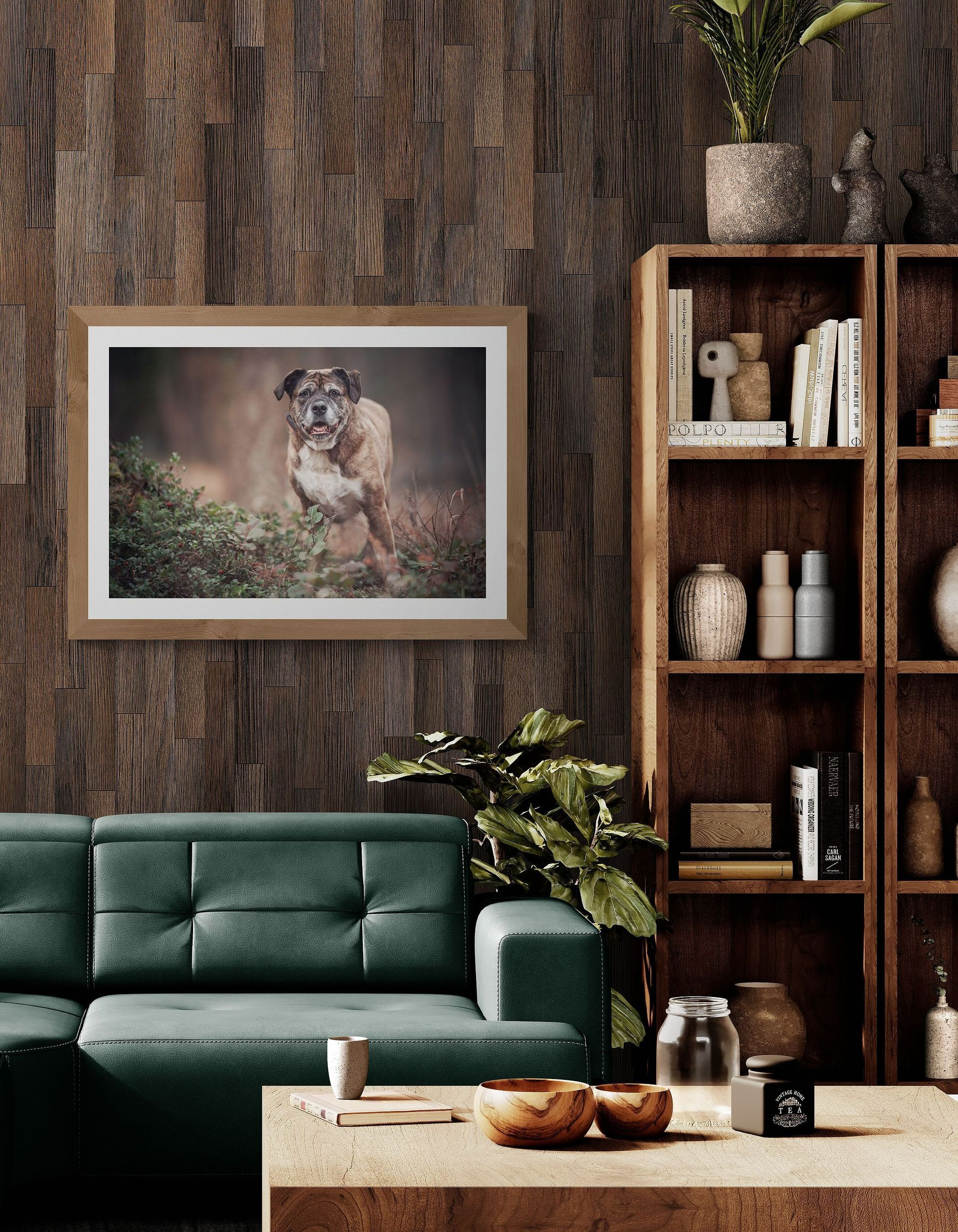 Dog portrait in a frame on a wood-paneled wall above a green couch, with a wooden bookshelf and coffee table.