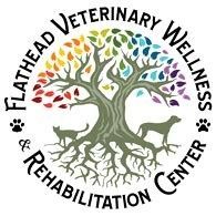 Logo for Flathead Veterinary Wellness & Rehabilitation Center, tree with cat and dog silhouettes, colorful leaves.