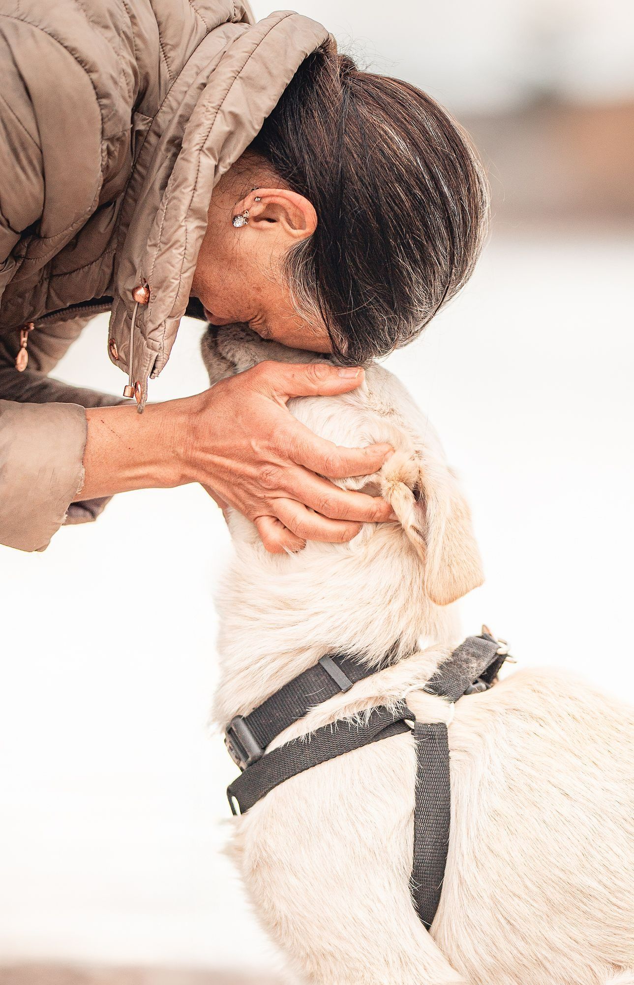 Person in tan jacket hugs a white dog wearing a black harness; outdoors.